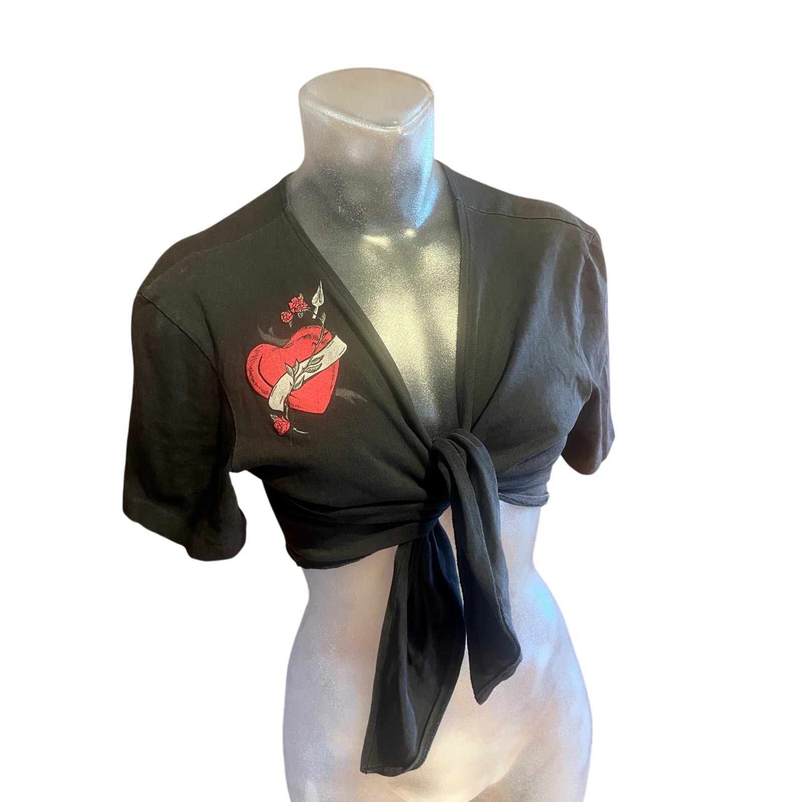Vintage 90\'s CONTEMPO CASUALS Tie Front Tattoo Crop Top GRUNGE GOTH Tee Heart Vintage 90\'s CONTEMPO CASUALS Tie Front Tattoo Crop Top GRUNGE GOTH Tee Heart