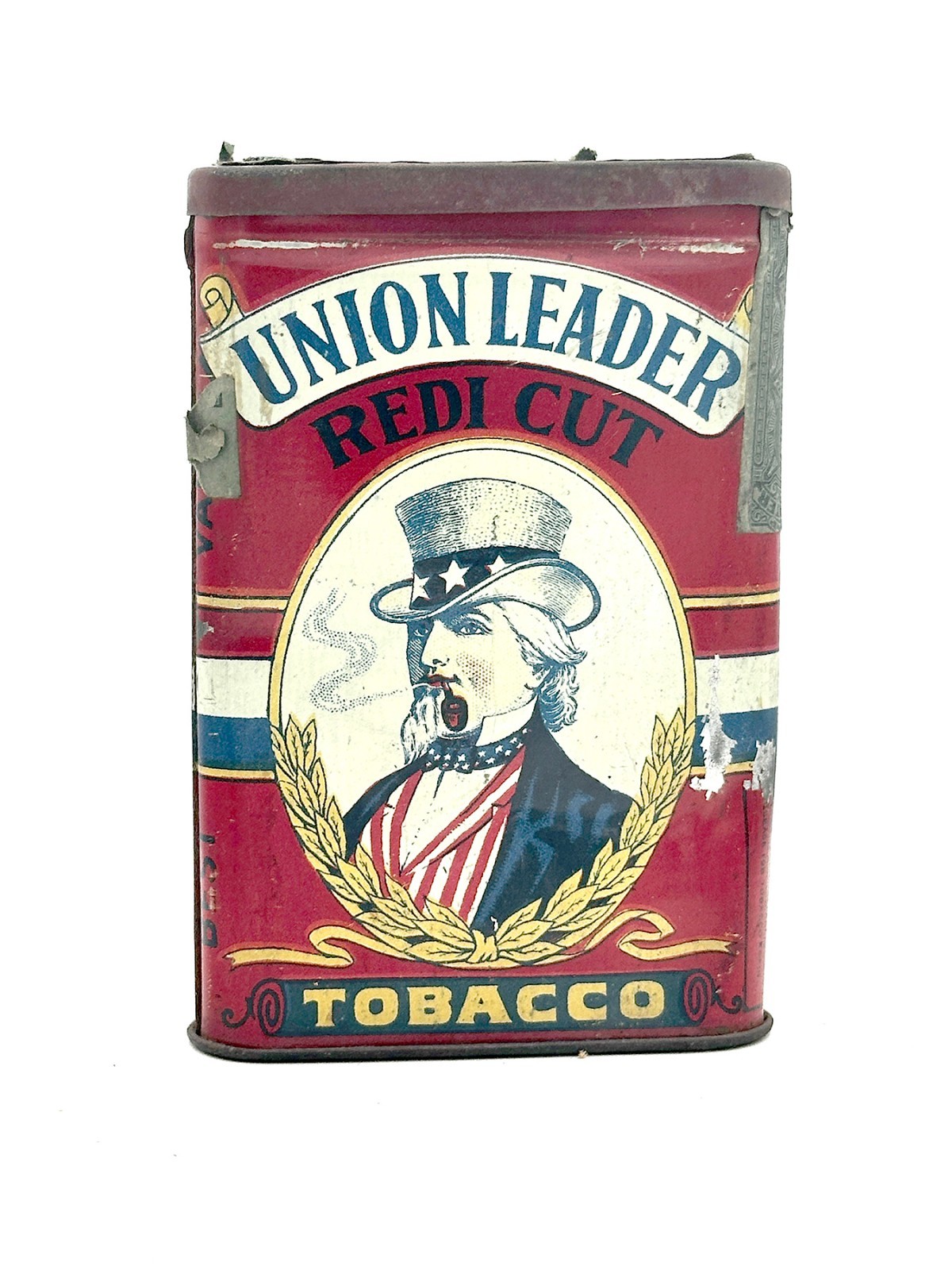 Vintage Union Leader Empty Tobacco Vertical Pocket Tin Uncle Sam White Var.