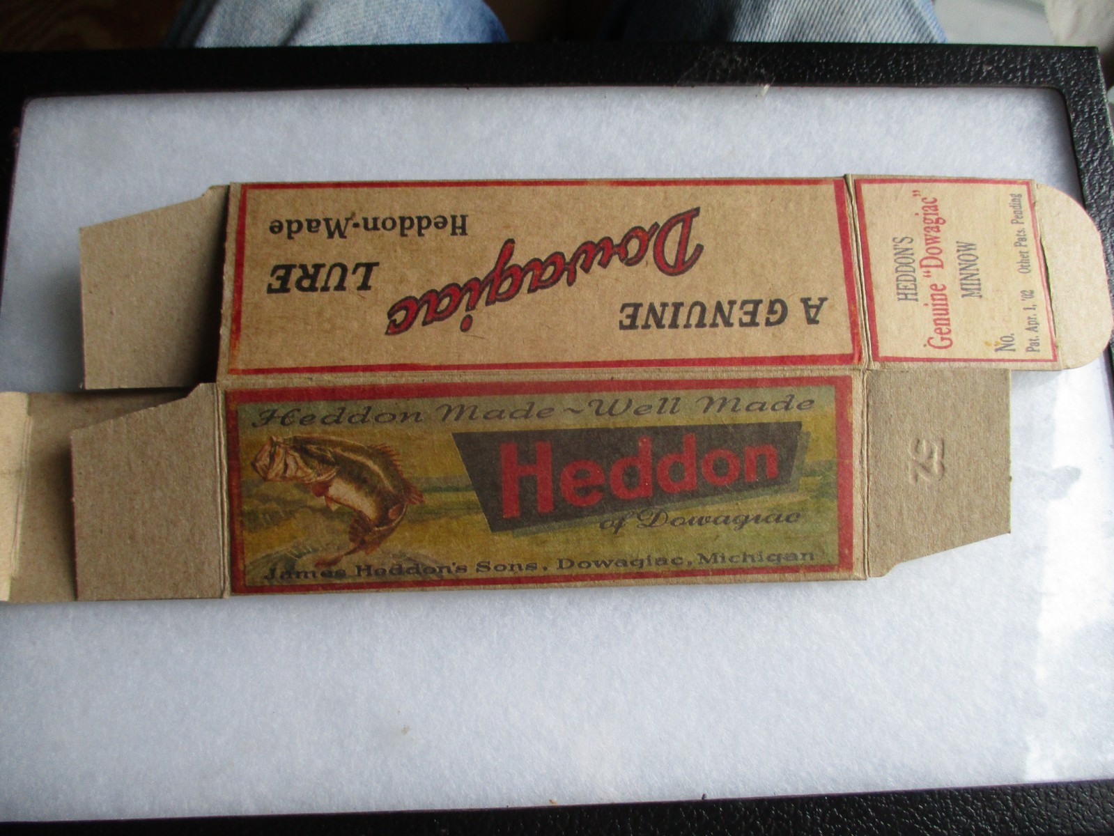 Box, Heddon Genuine Dowagiac Minnow. dated Apr. 02. reproduction. Box, Heddon Genuine Dowagiac Minnow. dated Apr. 02. reproduction.