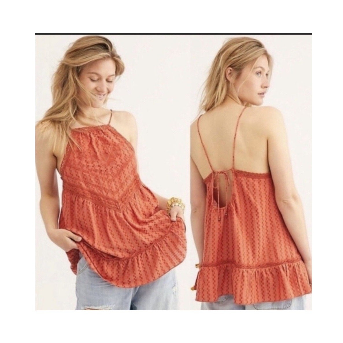 Free People Elisa Tunic Top Rust Orange Crochet Lace Embroidered Sleeveless Top Free People Elisa Tunic Top Rust Orange Crochet Lace Embroidered Sleeveless Top
