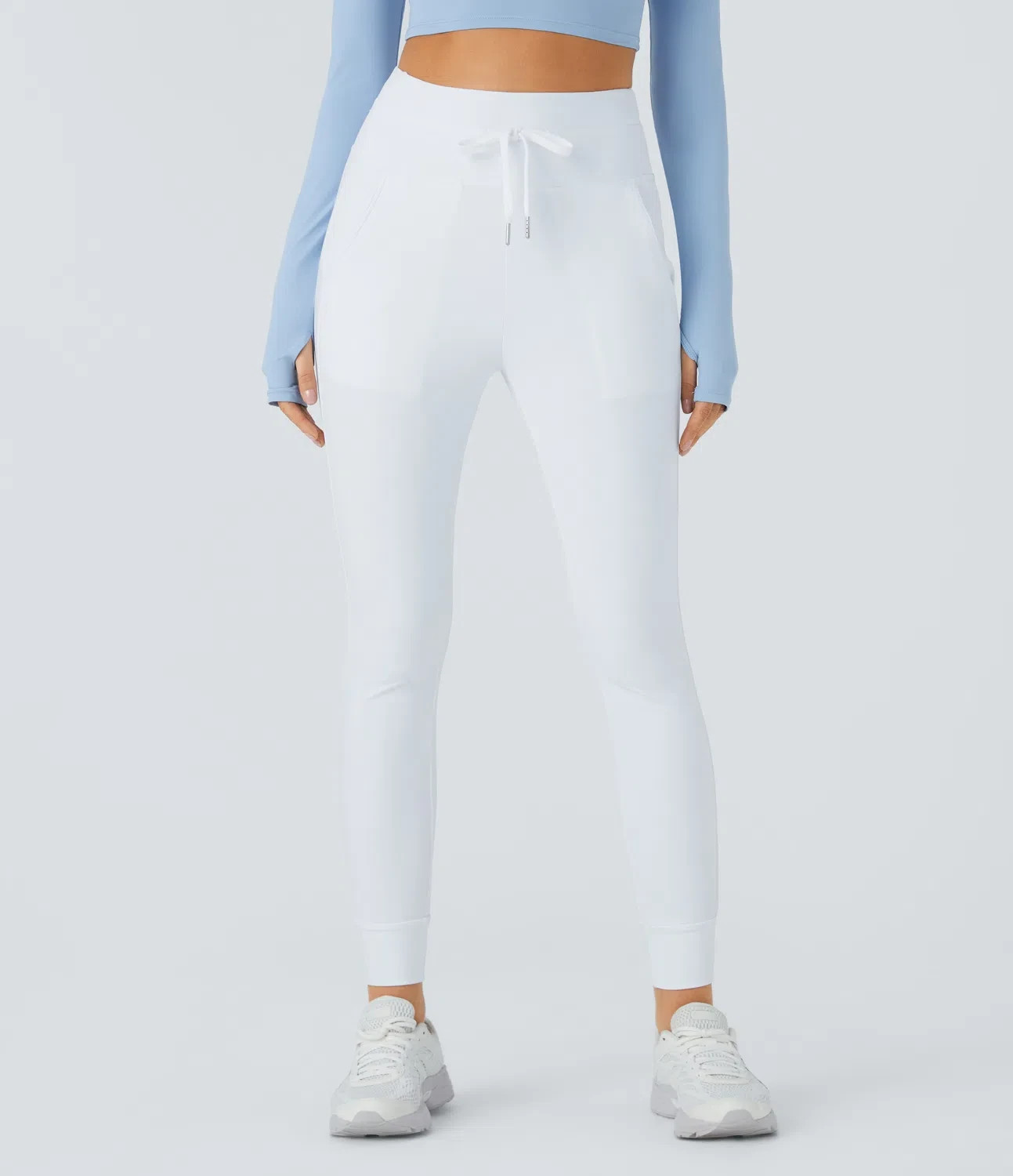 Halara SoftlyZero™ Plush High Waisted Drawstring Pocket White Joggers Petite Med