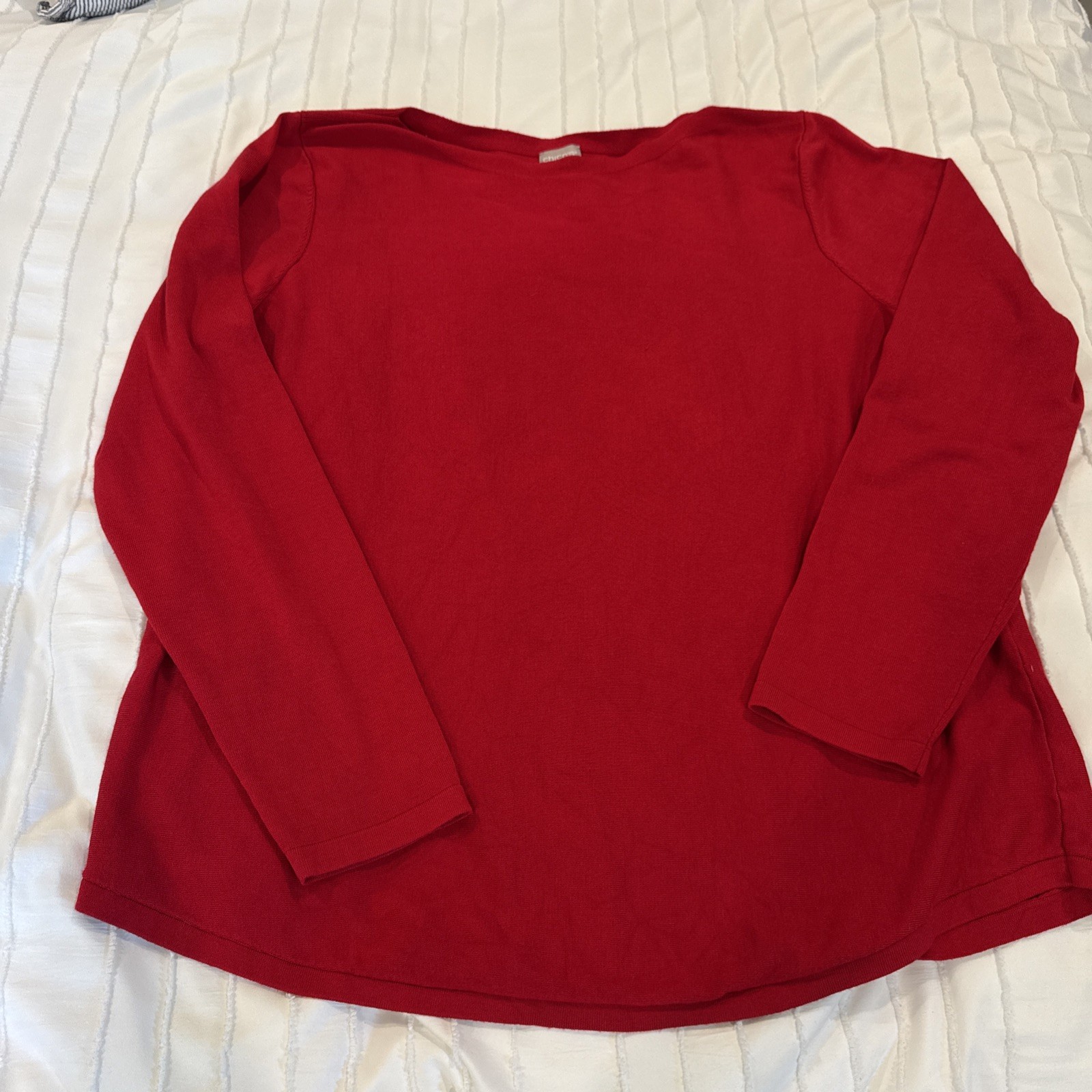Chicos Size 3 Red Top Long Sleeve Boat Neck Knit Shirt Blouse XL 16