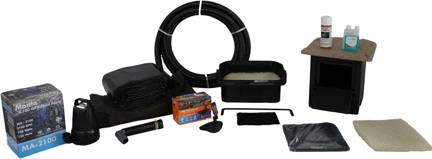 Simply Ponds 2,100 GPH Submersible Pump Pond Kit W/ 10' x 10' PVC Plastic Pond