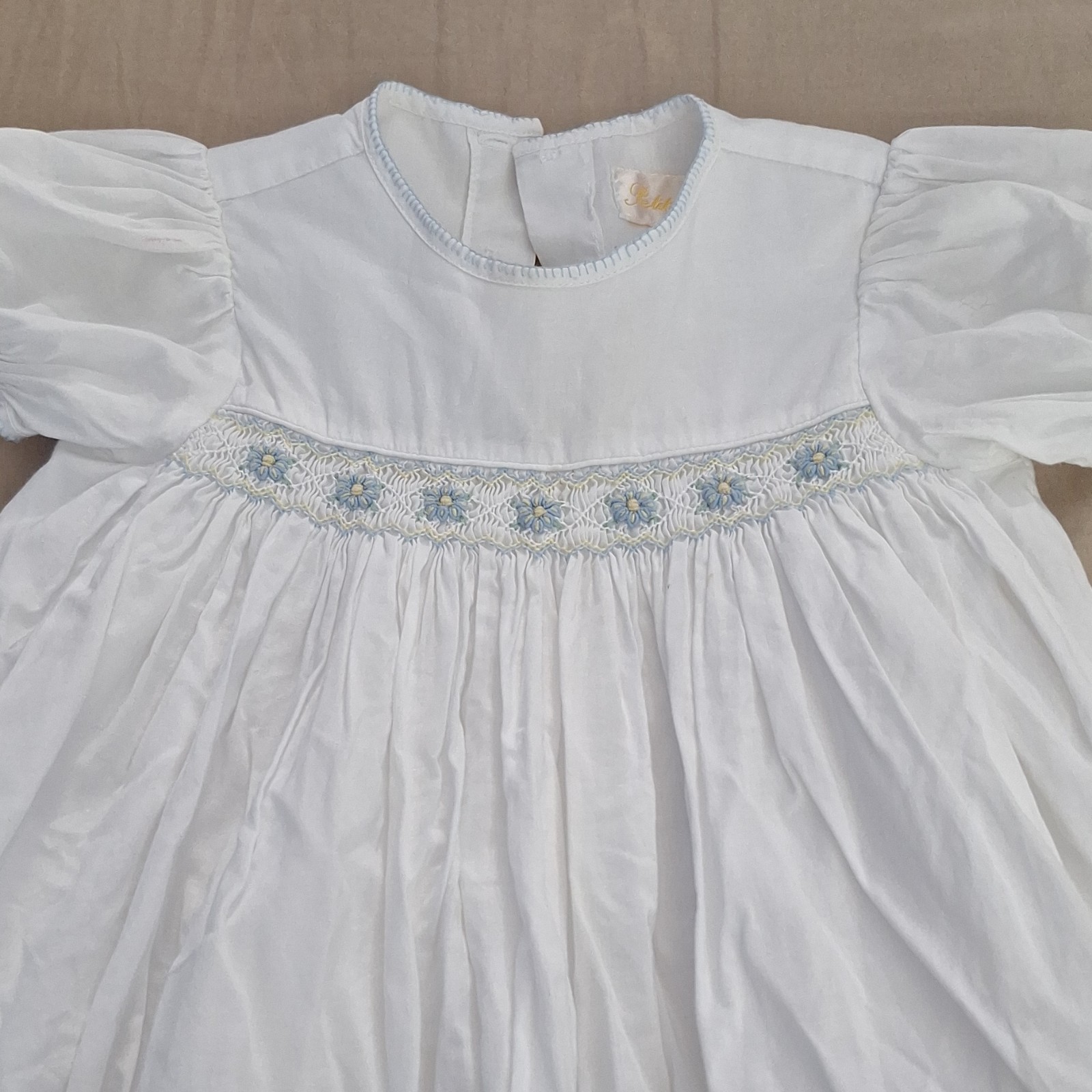 Petit Ami Girls Smocked Embroidered Puff Sleeve Dress 6-9M White/Blue