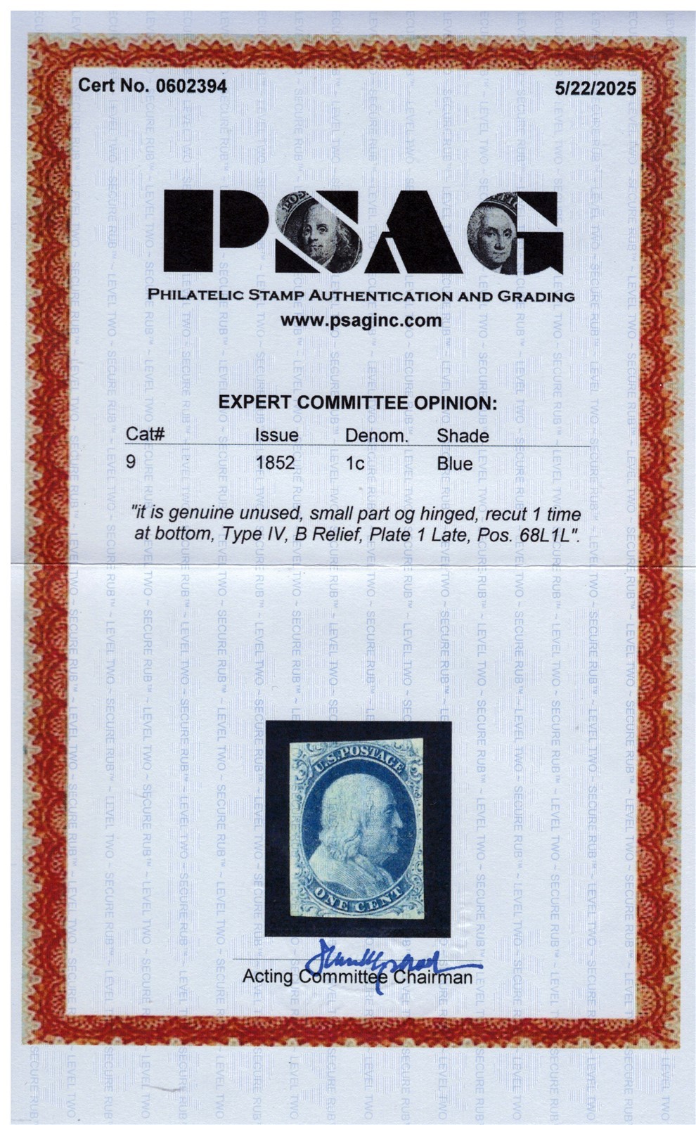 US 9 MSPOG VF Type IV, B Relief, Plt 1 Late, 68L1L, 1852 1c Blue PSAG cert ZAYIX