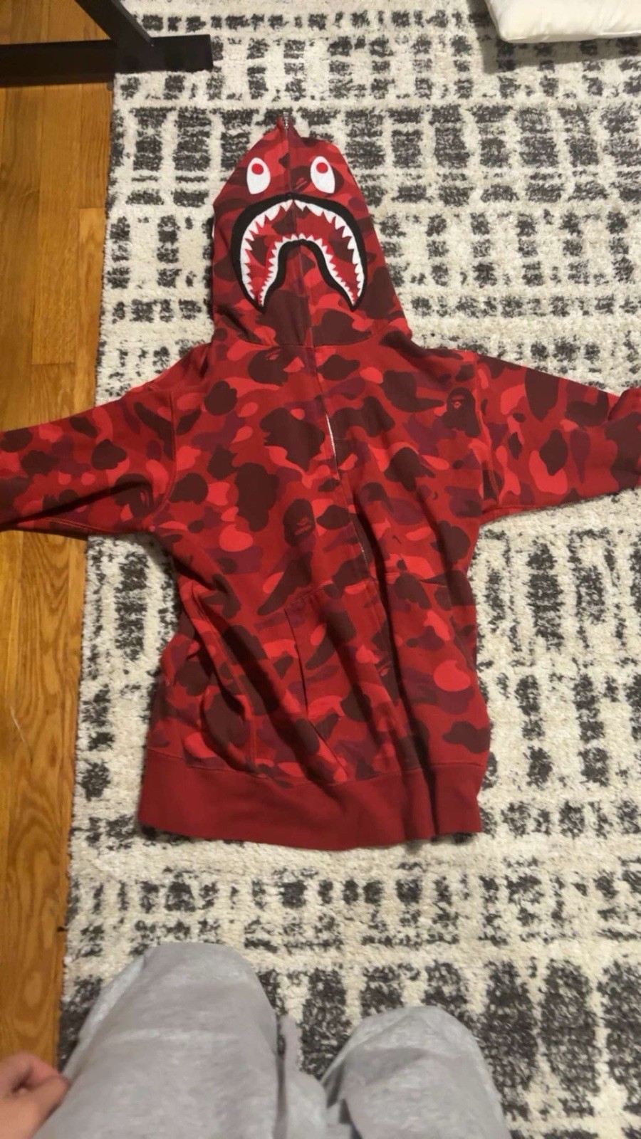 A Bathing Ape BAPE Red Camo Shark Face Full Zip Fleece Hoodie w/ Pockets