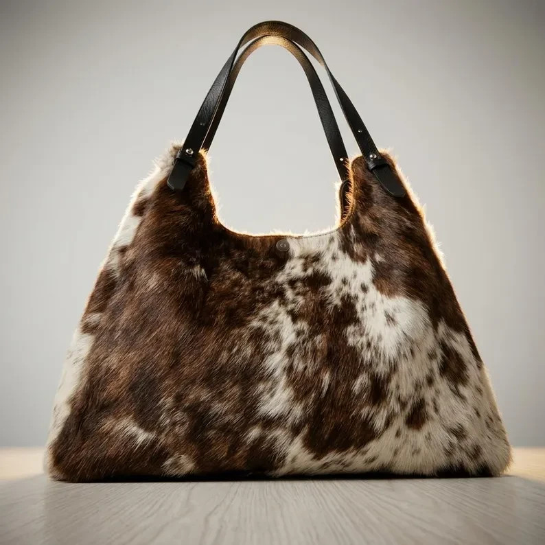 Slouchy Cowhide Shoulder Bag Brown White Cow Print Hobo Purse Genuine Leather