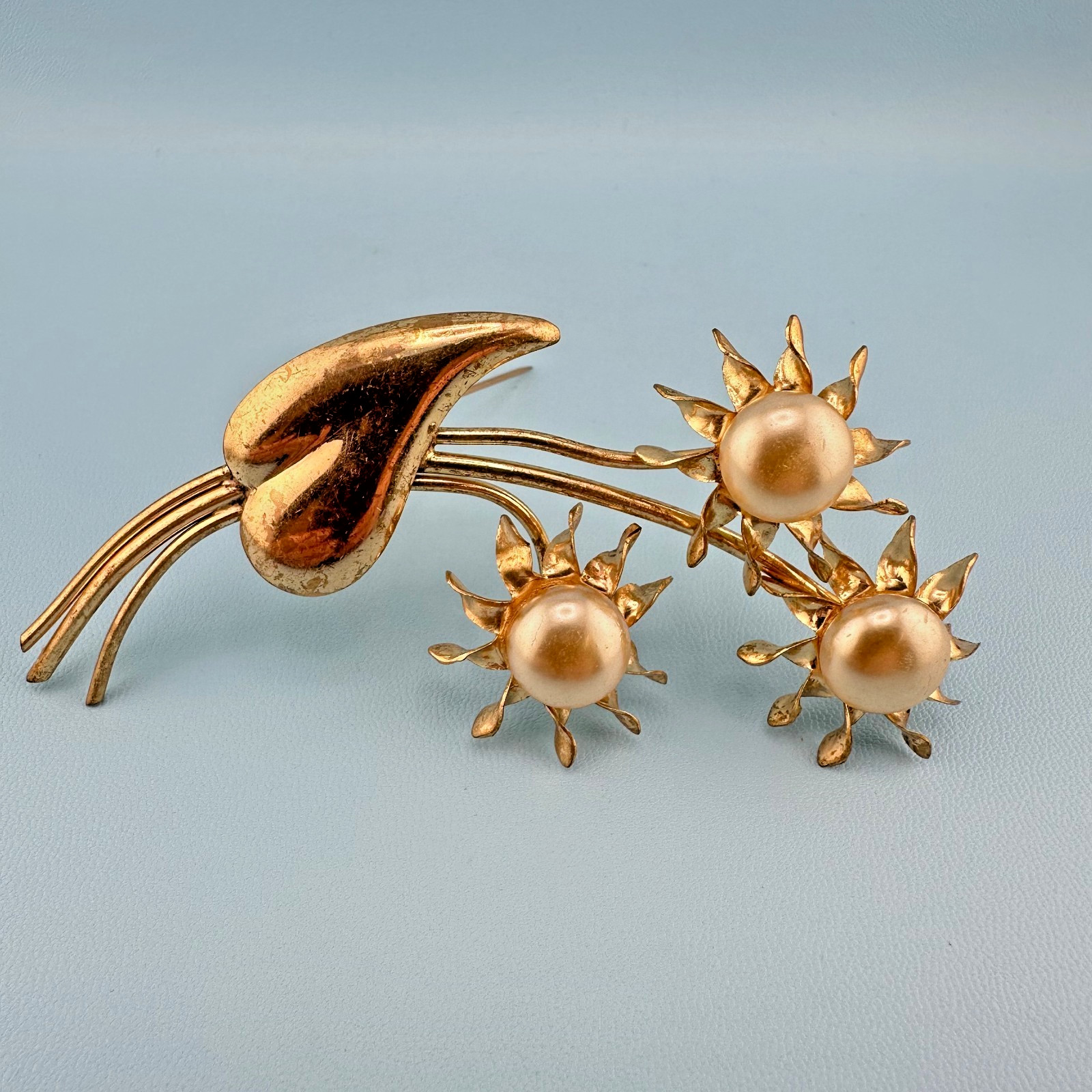 Vintage Flower Brooch Large 3 Sunflowers Gold Tone Glass Faux Pearl Statement 4\