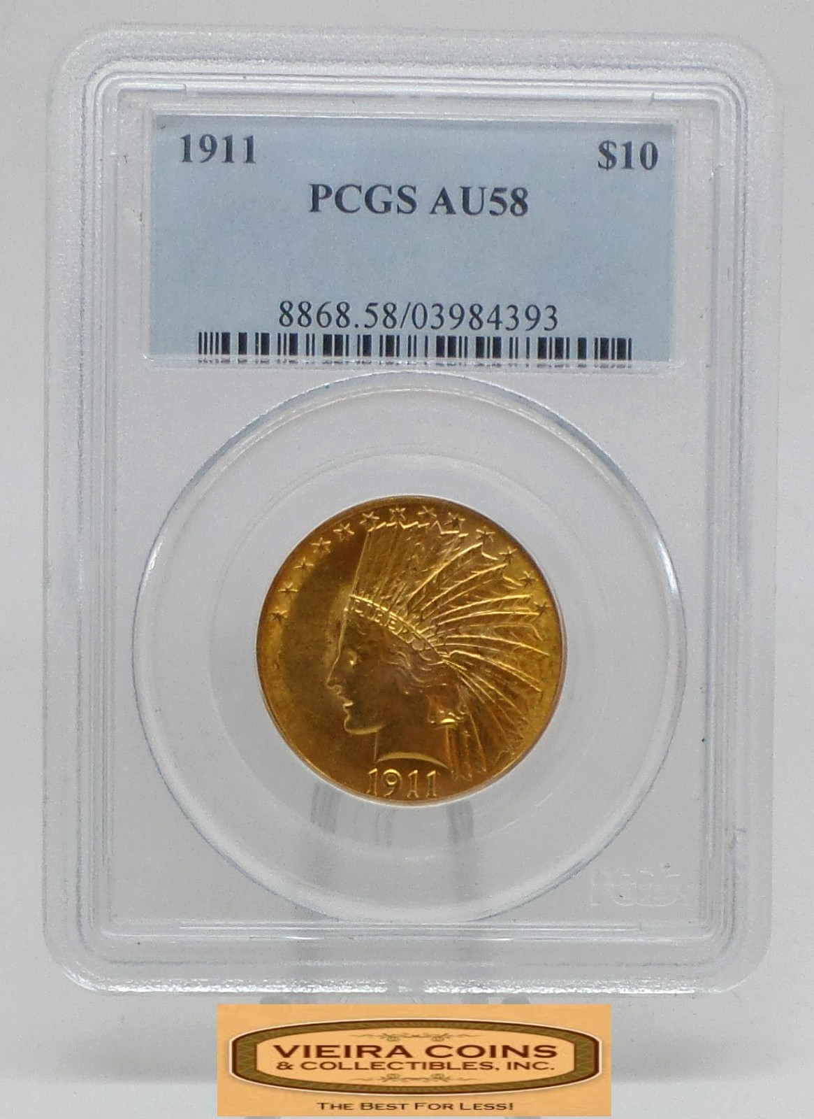 1911 Indian Head Gold $10, Eagle, PCGS AU58, Mintage of 505,500 Coins - #B63138