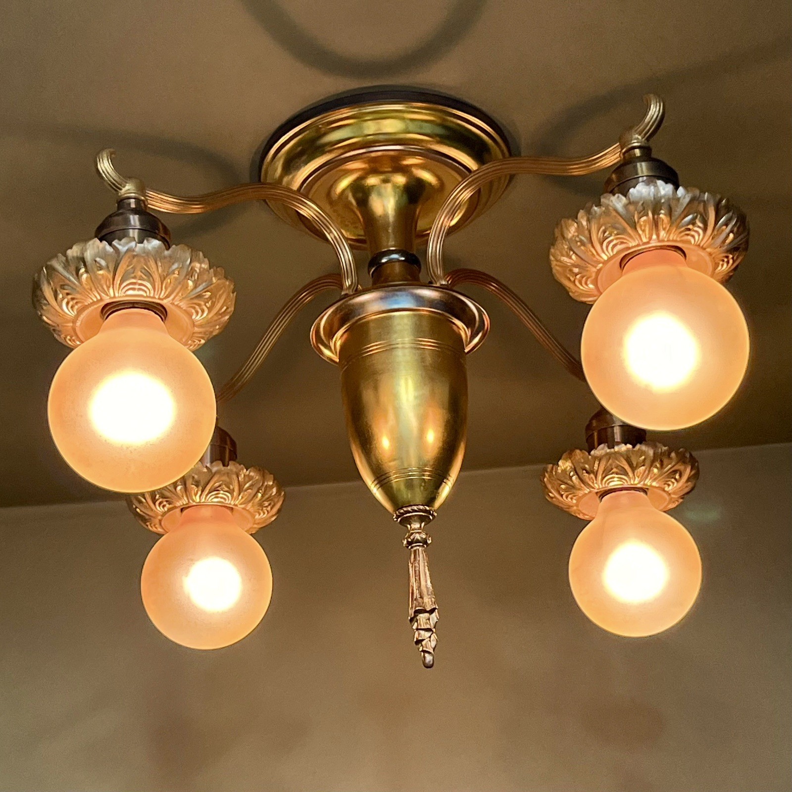 Vintage ORNATE 1920s Brass LOW Bare Bulb Flush Mount Chandelier  - RESTORED