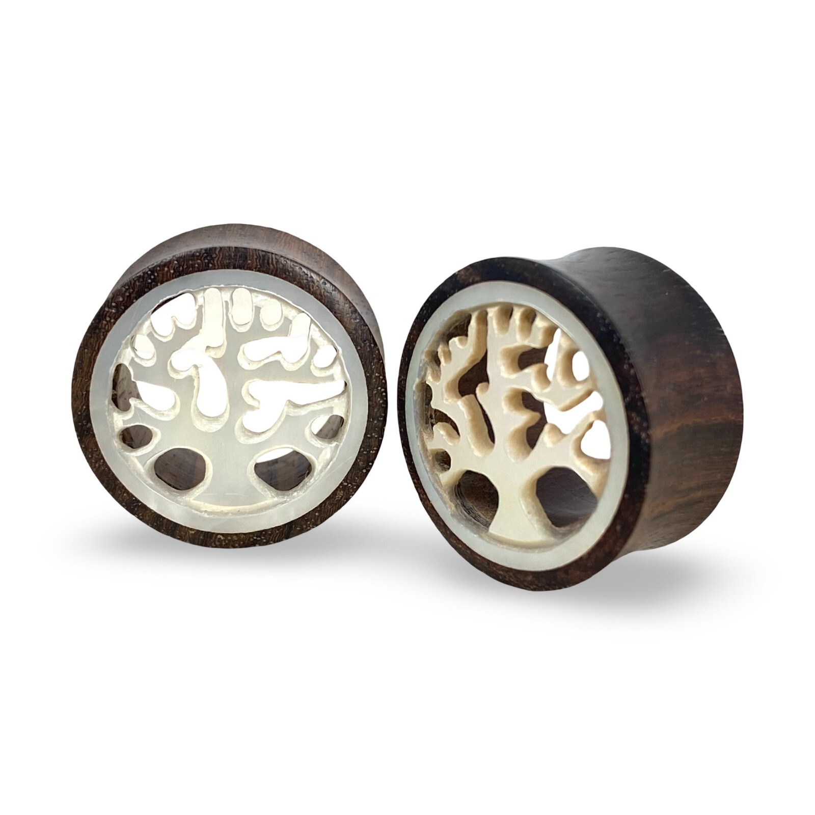 Pair of Sono Wood Mother of Pearl Tree of Life Tunnels gauges organic plugs