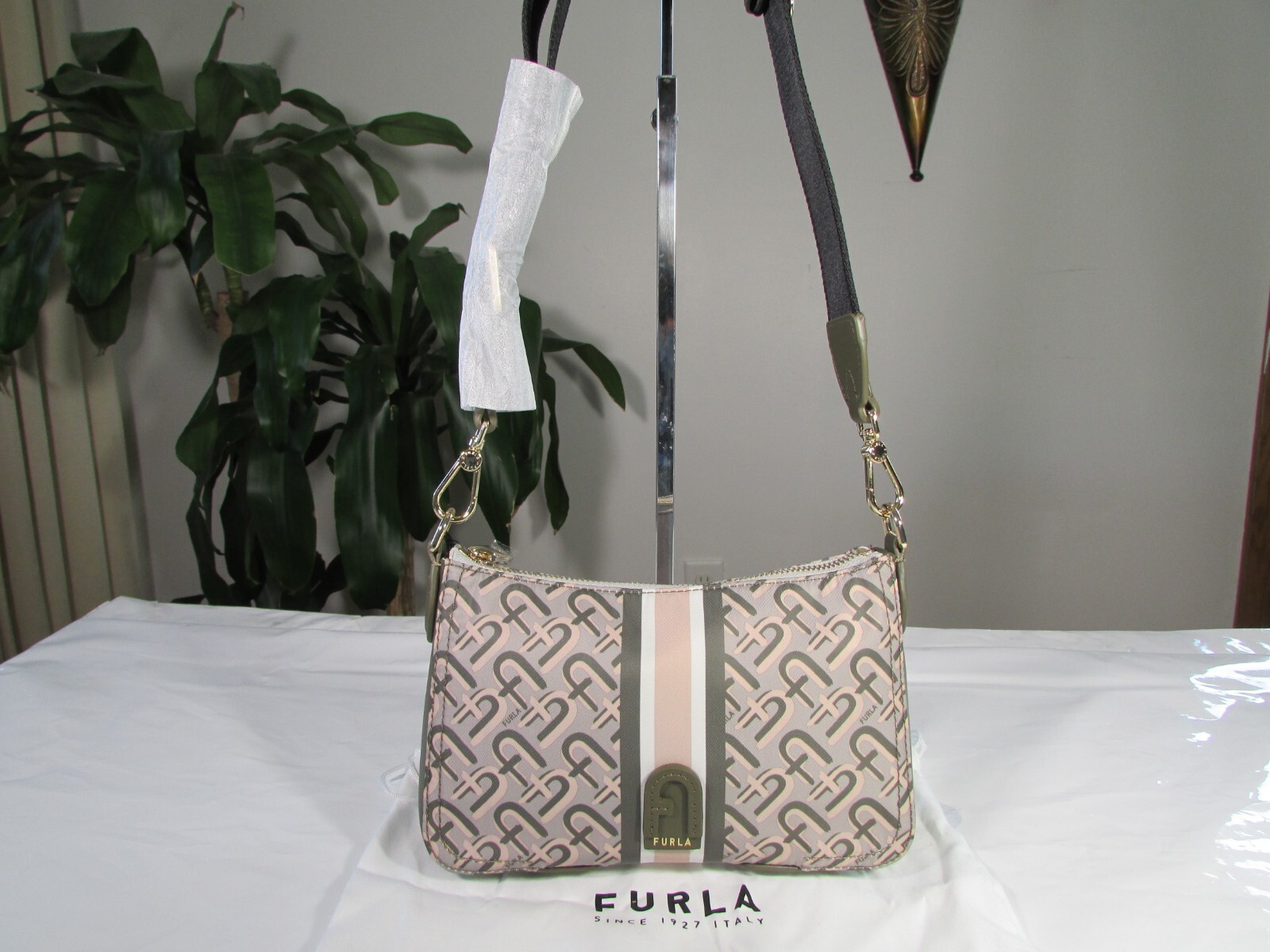 NWT Furla Nylon & Leather Atena S St Arco Stripes Vitello Crossbody Beige Multi NWT Furla Nylon & Leather Atena S St Arco Stripes Vitello Crossbody Beige Multi