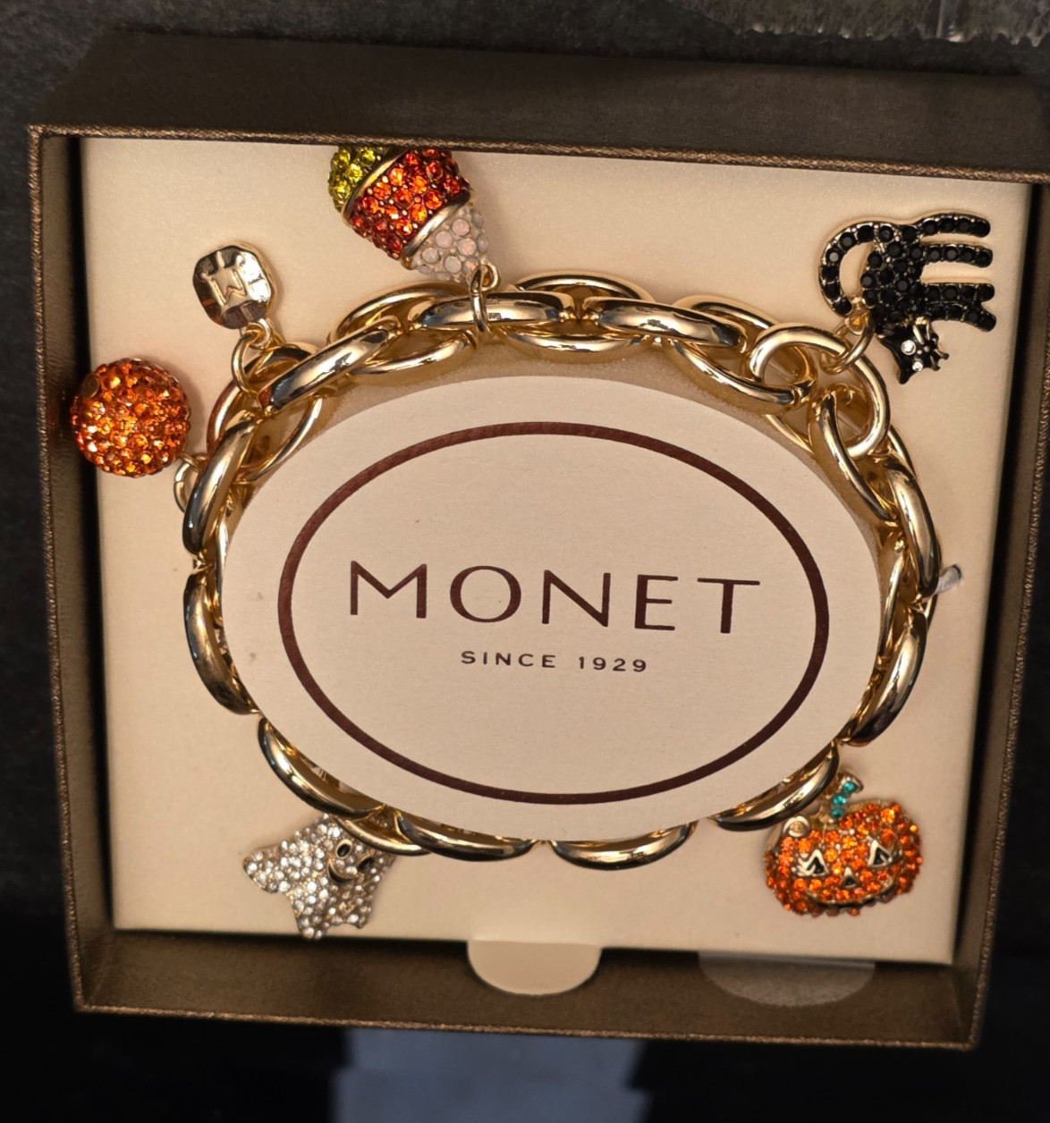 Monet HALLOWEEN gold tone charm bracelet Black Cat, Pumpkin, Ghost, Candy Corn Monet HALLOWEEN gold tone charm bracelet Black Cat, Pumpkin, Ghost, Candy Corn