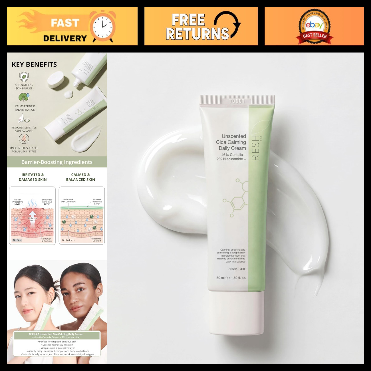 Hydrating Cica Repair Cream for Sensitive Dry Skin | Soothing Moisturizer 50ml
