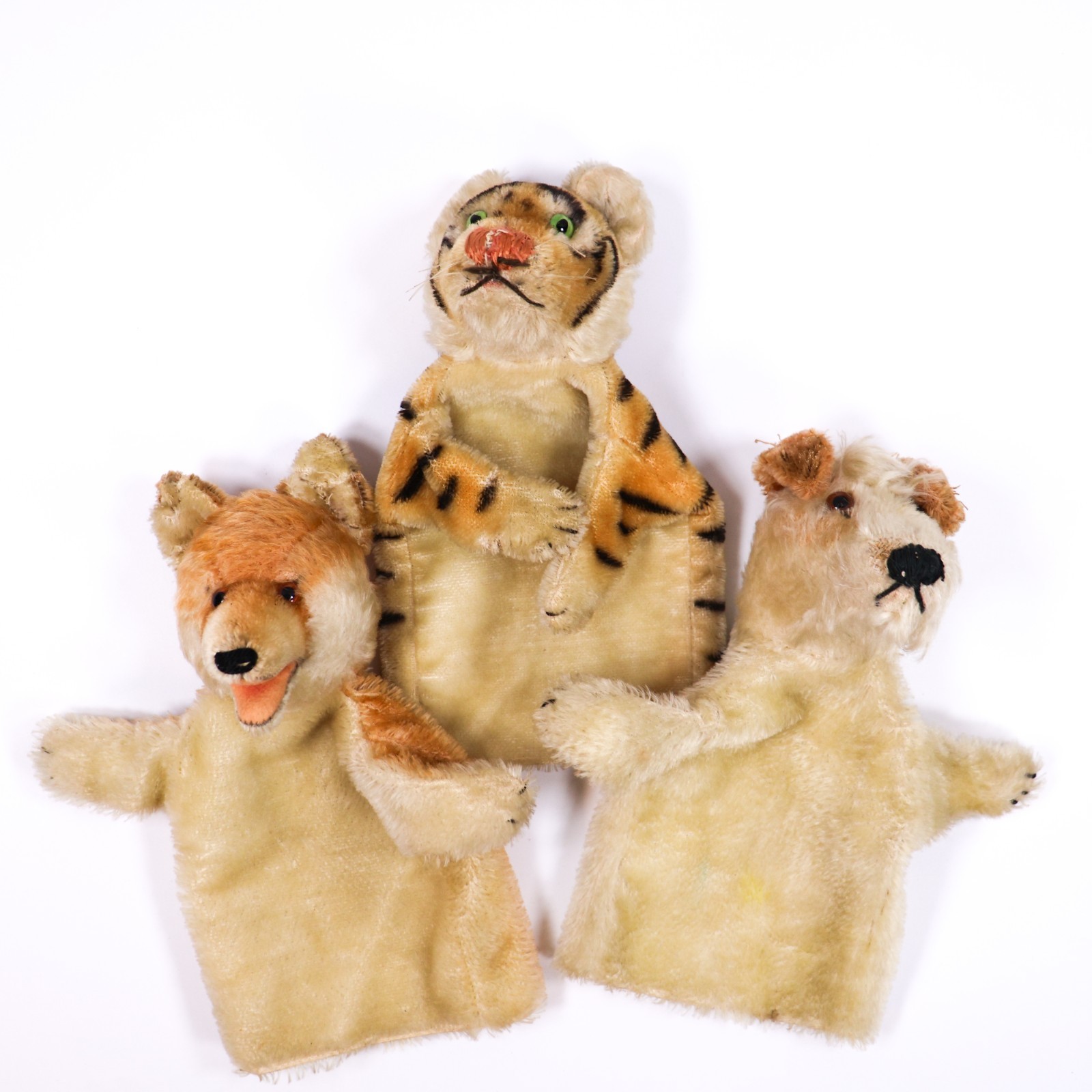 Vtg Steiff Animal Hand Puppets Mohair TIGER Foxy DOG Terrier FOX Lot of 3 READ