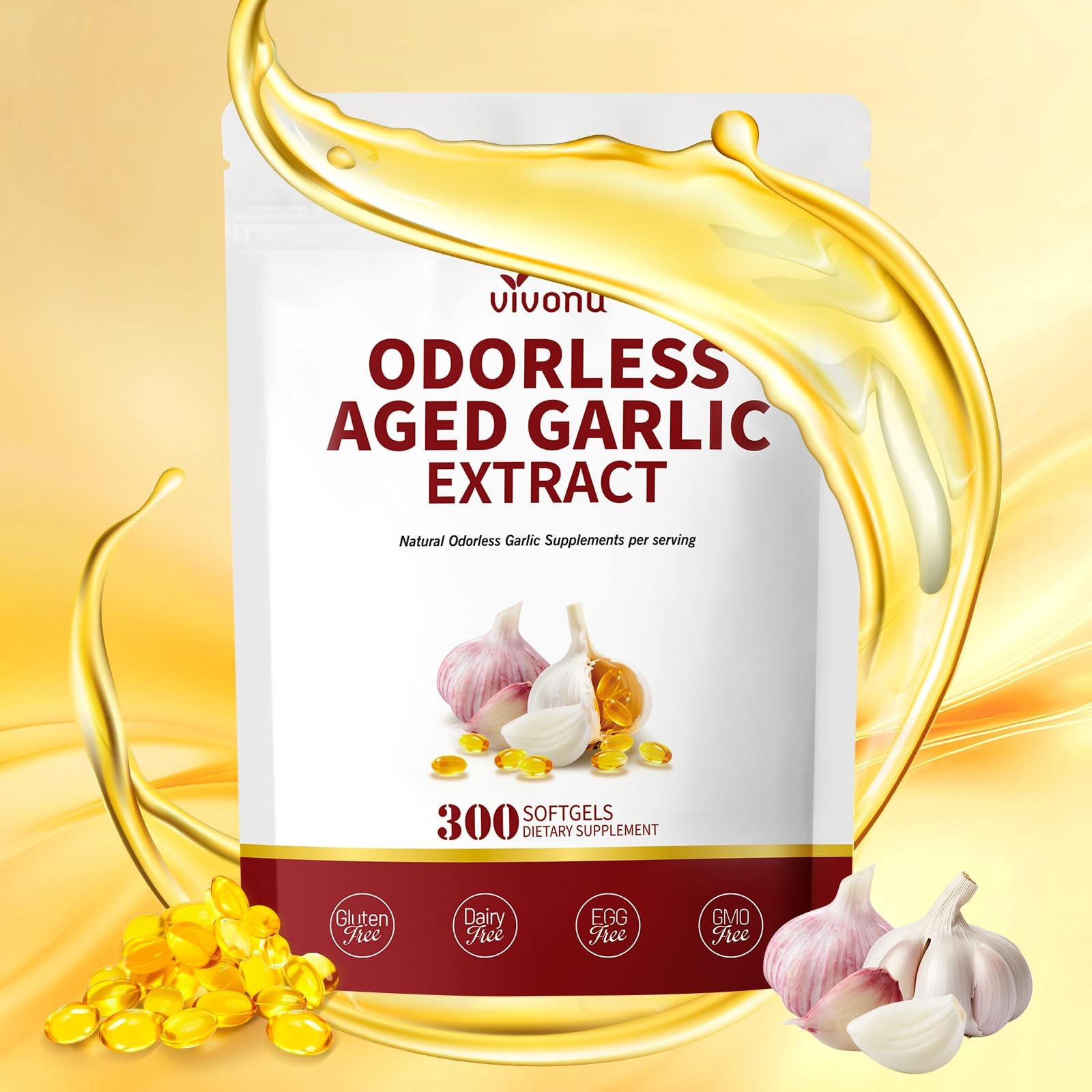 VivoNu Odorless Aged Garlic Extract Softgels 300 Count 5‑in‑1 Dietary Supplement