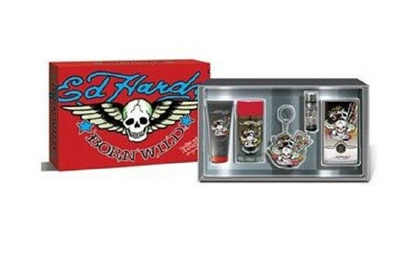 Ed Hardy BORN WILD Men 5 Pc GIFT SET 3.4oz 3 oz BW 2.75 Deo Key Chain .25oz NEW