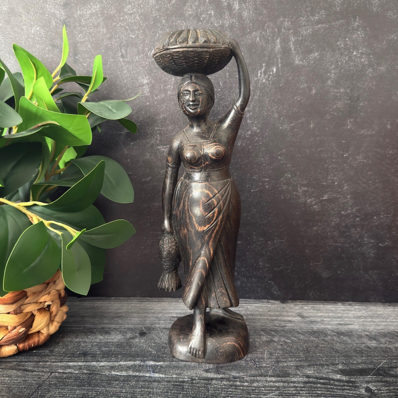 Vintage Hand Carved Wood Woman Statue 12 Inch Folk Art Mid Century Figurine