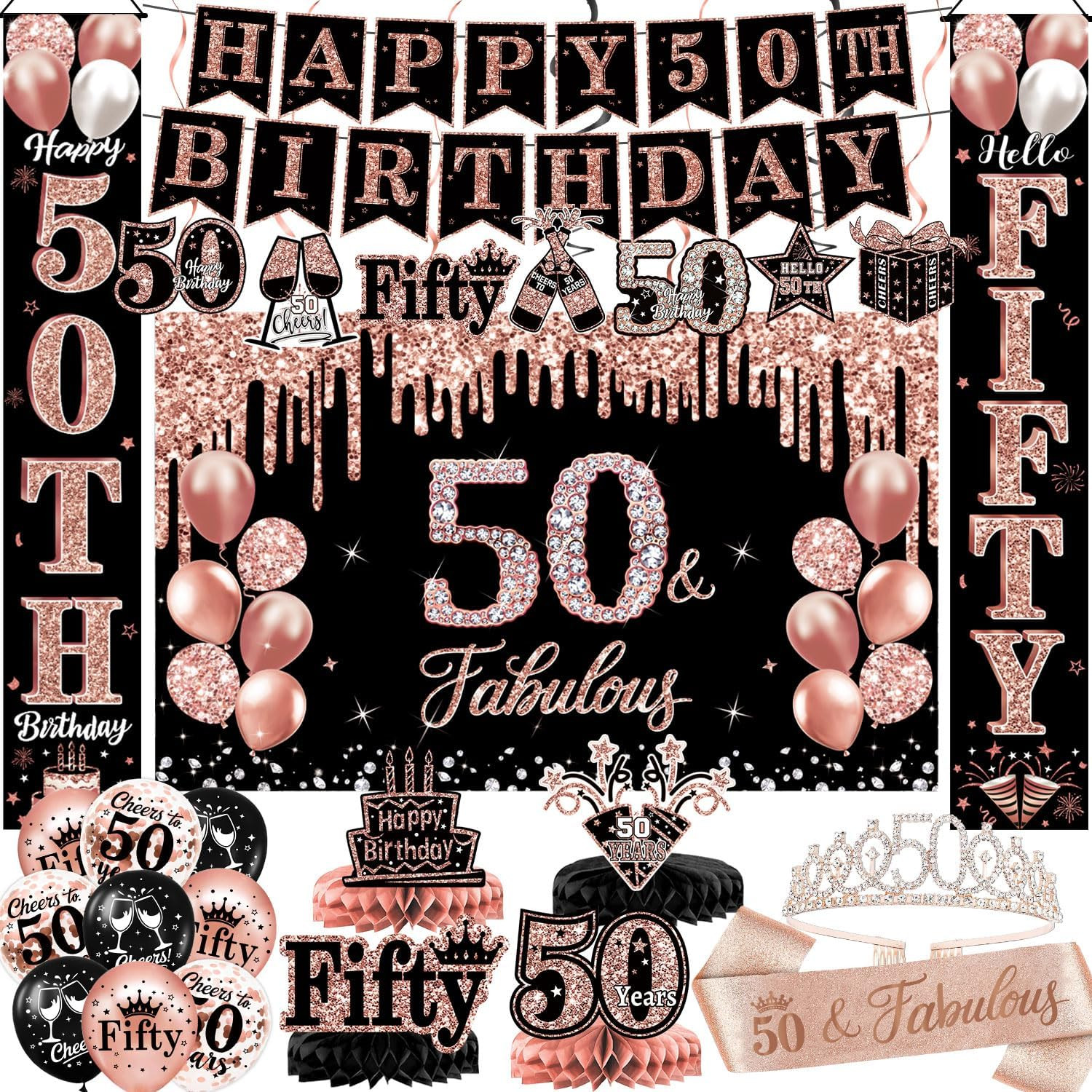 50Th Birthday Decorations for Women, 38-Piece Black and Rose Gold 50 Years Old P