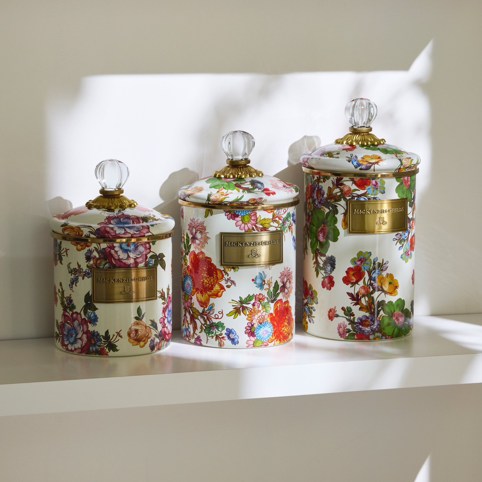 McKenzie Childs White Flower Market Enamel Canister Set Of 3 With Lids