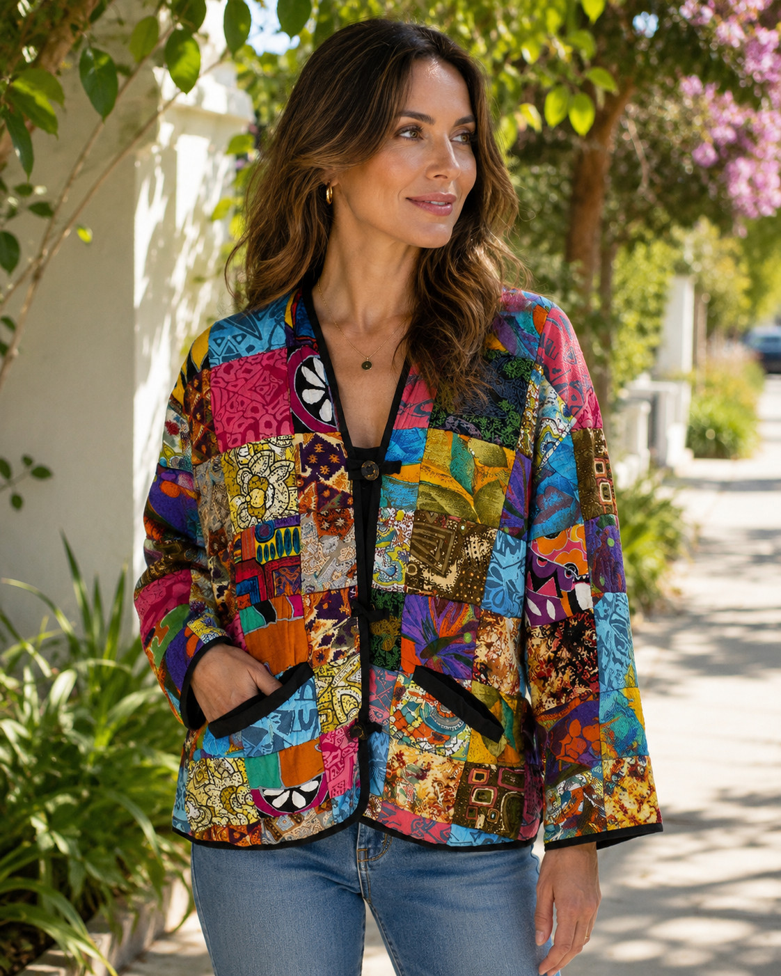 Passports Pier 1 Quilted Jacket Women XL Multicolor Patchwork Boho Art to Wear