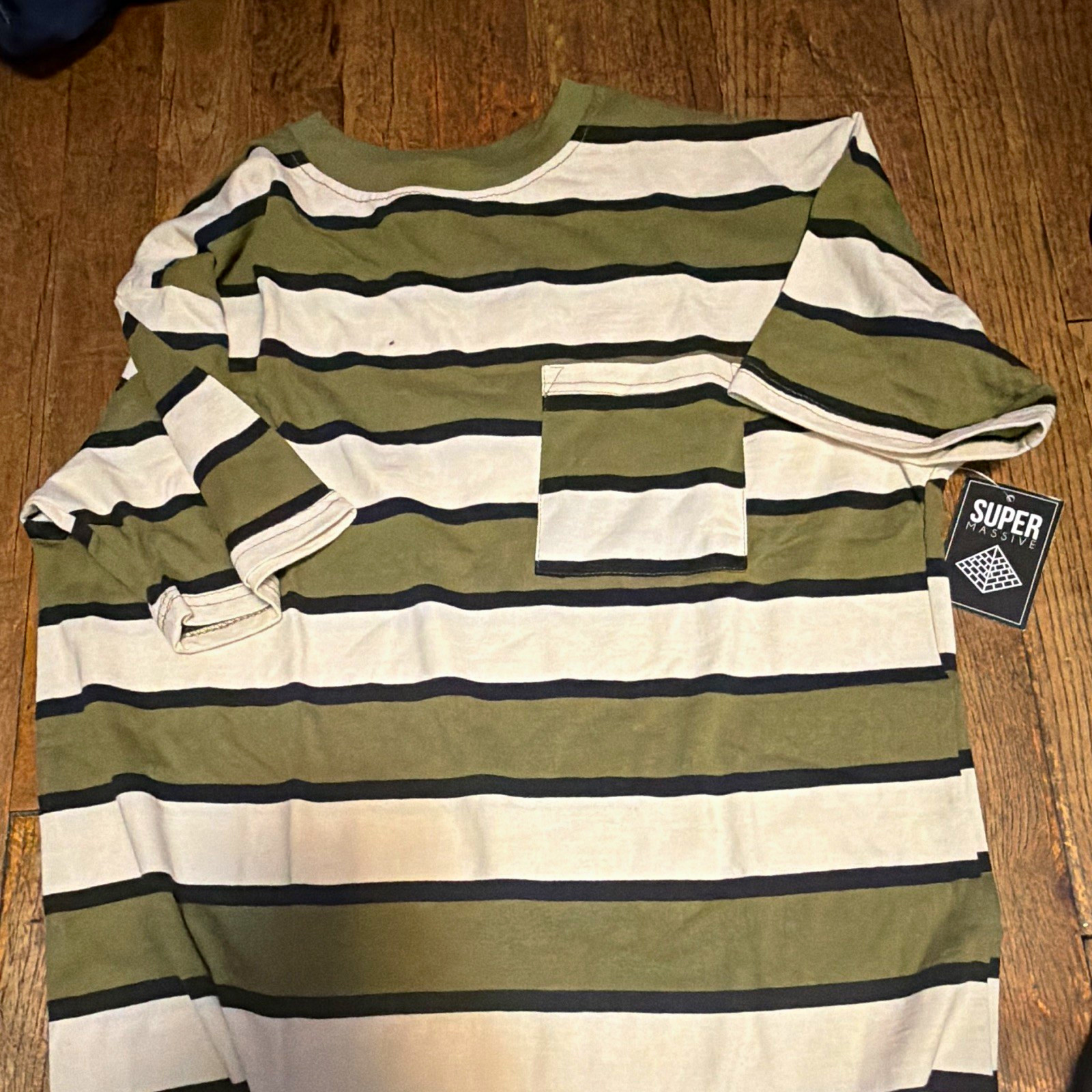 Super Massive Men\'s Striped Crew Neck Pocket T-Shirt Green/White/Black M