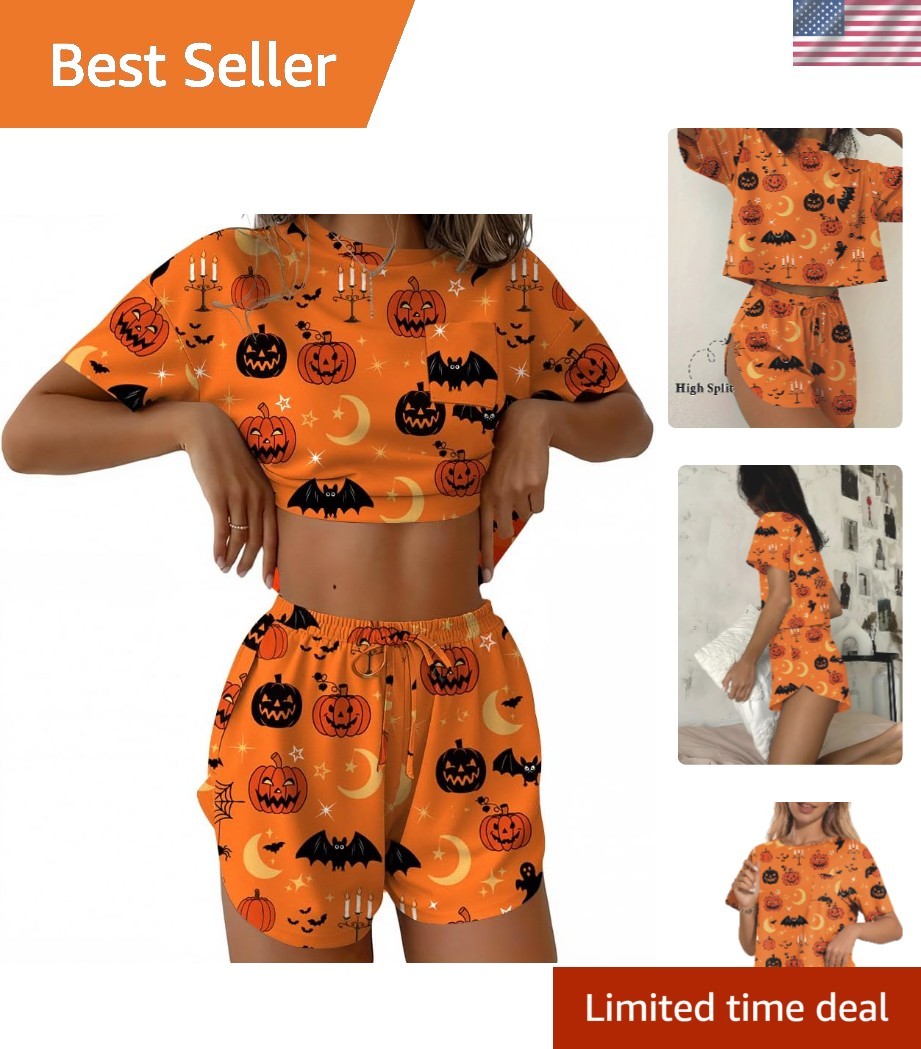 Elegant Women\'s Pajama Set: Sexy Side Split Lounge Wear in Pumpkin Print