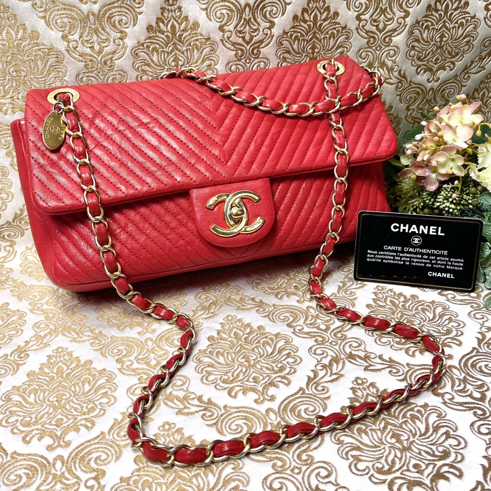 Authentic CHANEL Chevron V-Stitch Classic Medium Double Flap Bag Red Gold HW Car