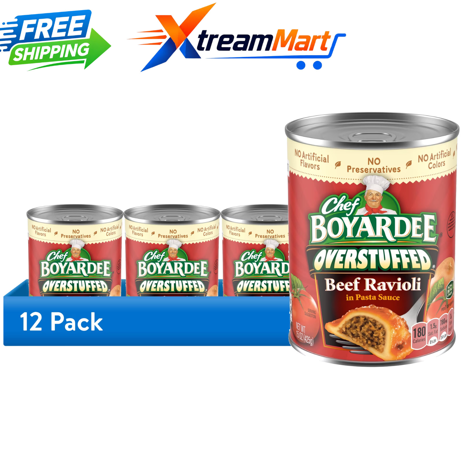 Chef Boyardee Overstuffed Beef Ravioli in Tomato Sauce, 15 oz, 12 Pack
