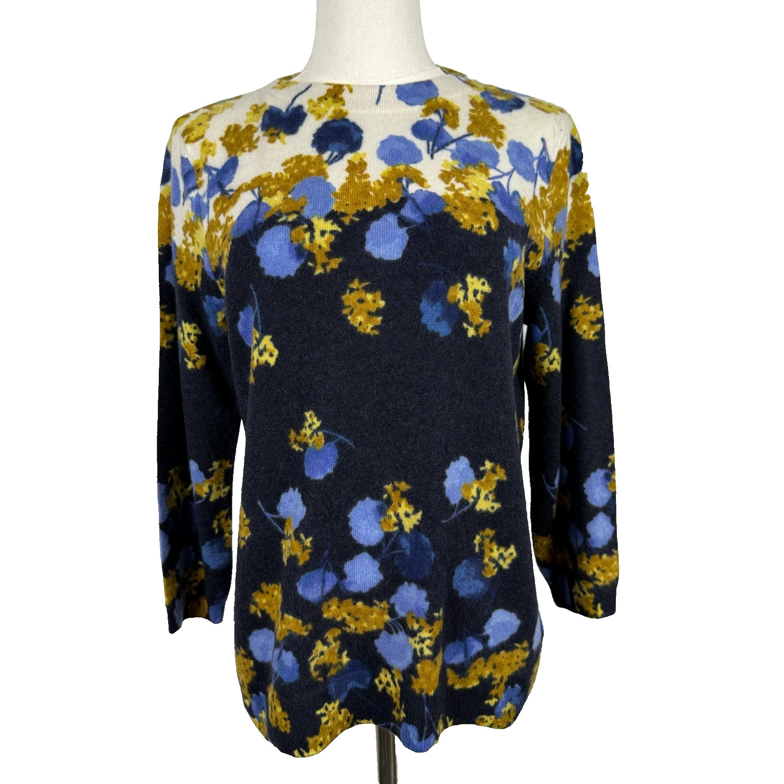 Talbots XL 100% Cashmere Sweater Audrey Blue Yellow Floral 3/4 Sleeve RENEWED