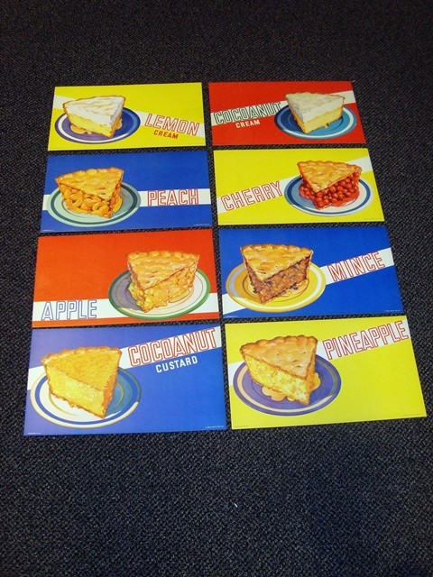 Circa 1940s Pie Cardboard Sign Set – 8 Flavors Circa 1940s Pie Cardboard Sign Set – 8 Flavors