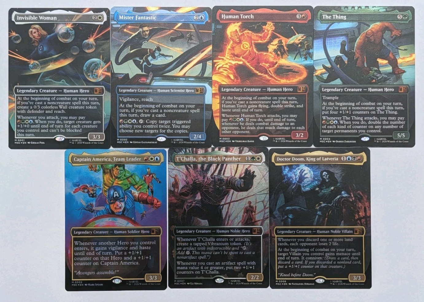 MARVEL SUPER HEROES MTG Borderless Mythic Foil COMPLETE SET of 7 Commanders 1-7 MARVEL SUPER HEROES MTG Borderless Mythic Foil COMPLETE SET of 7 Commanders 1-7