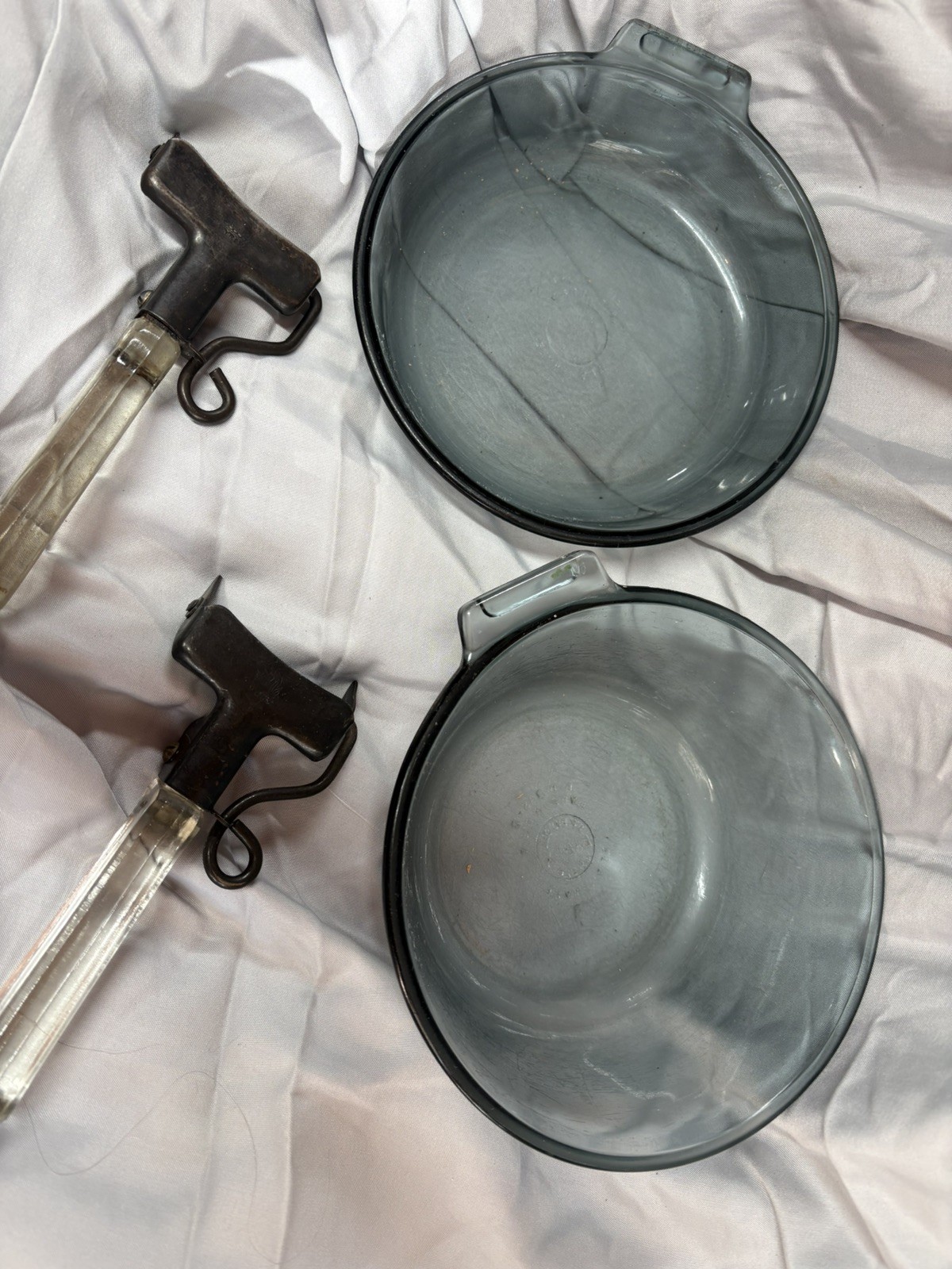 Pyrex Flameware Glass Sauce Pans w Detachable Handles, vintage items  4 pieces