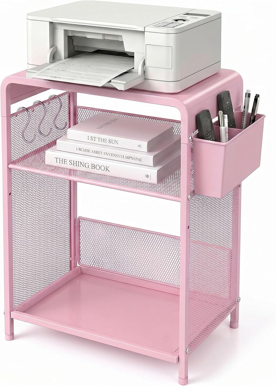 ECOLOVI 3-Tier Printer Stand Pink - Height Adjustable with Hooks & Basket