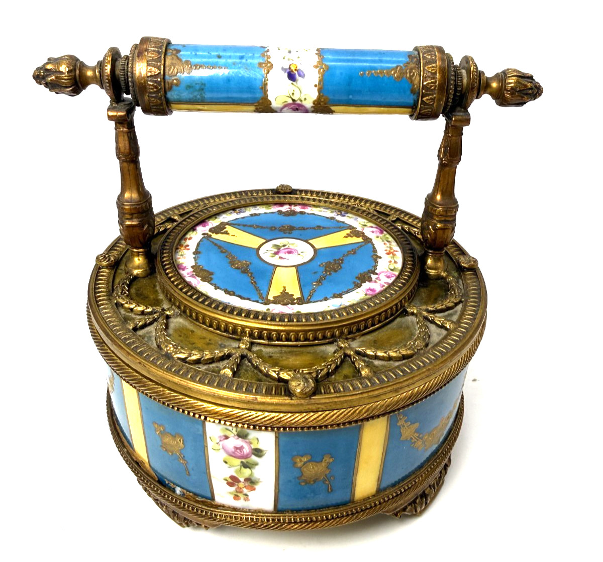 Antique Rare Sevres French 1850\'s Porcelain Bronze Mounted Handle Bon Bon Box