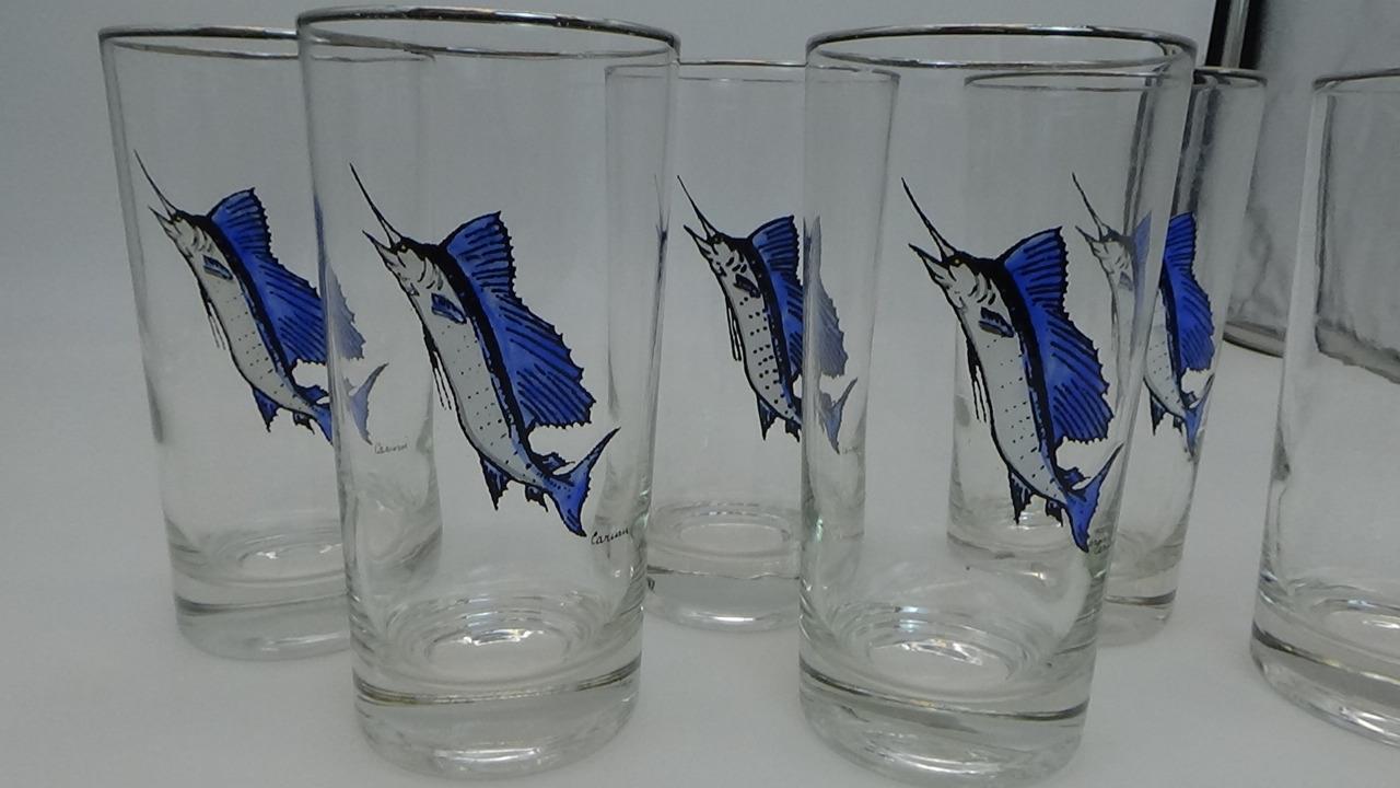 Vintage 6pc Set CARWIN Sailfish Highball Glass Hand Blown Painted Signed MCM
