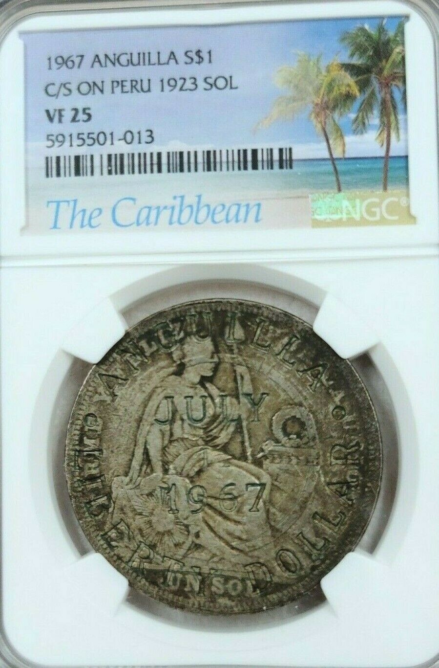 1967 ANGUILLA SILVER 1 DOLLAR COUNTER STRUCK ON PERU 1923 SOL NGC VF 25 RARE