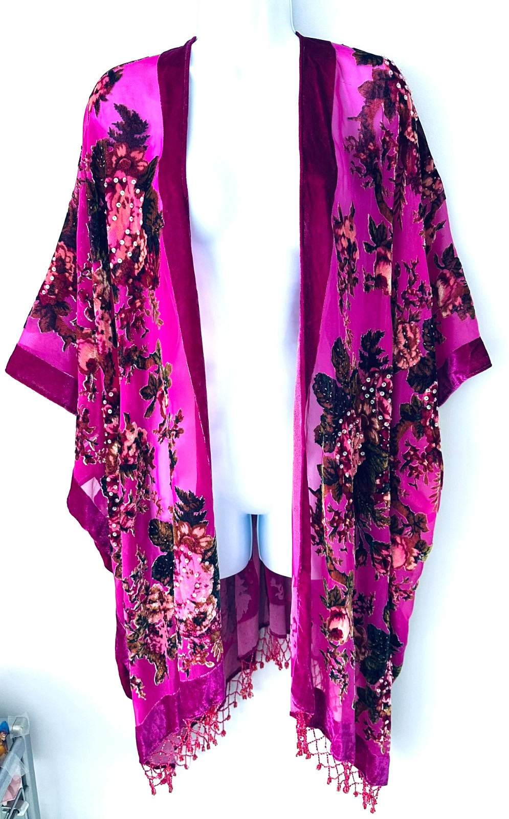 Vtg New Kirk Folly Women\'s Boho Velvet Cover One-Size Dress Embellished Kimono Vtg New Kirk Folly Women\'s Boho Velvet Cover One-Size Dress Embellished Kimono