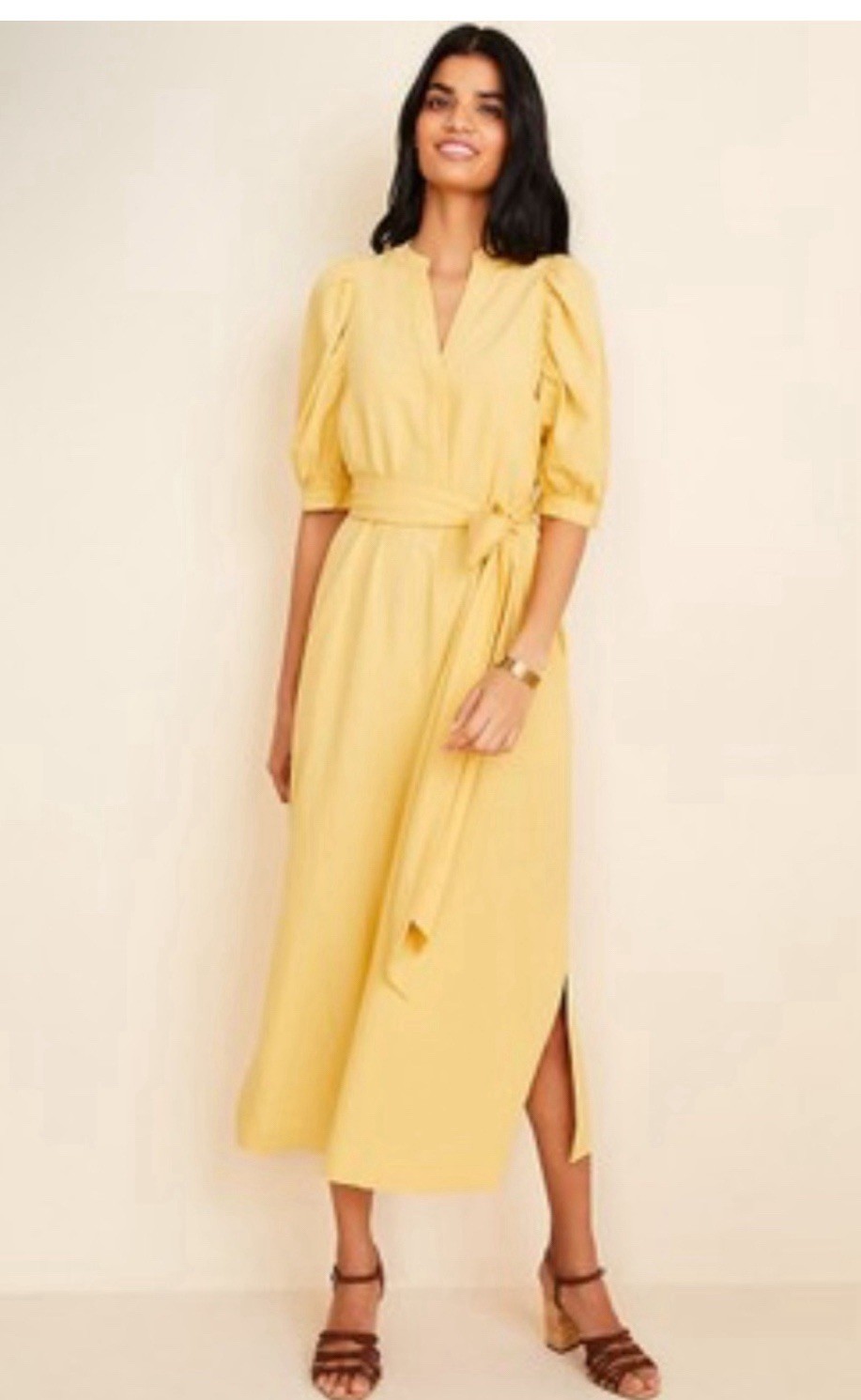 Ann Taylor classic Butter Yellow Dress V-Neck Puff Sleeve Tie Belted Sz small 