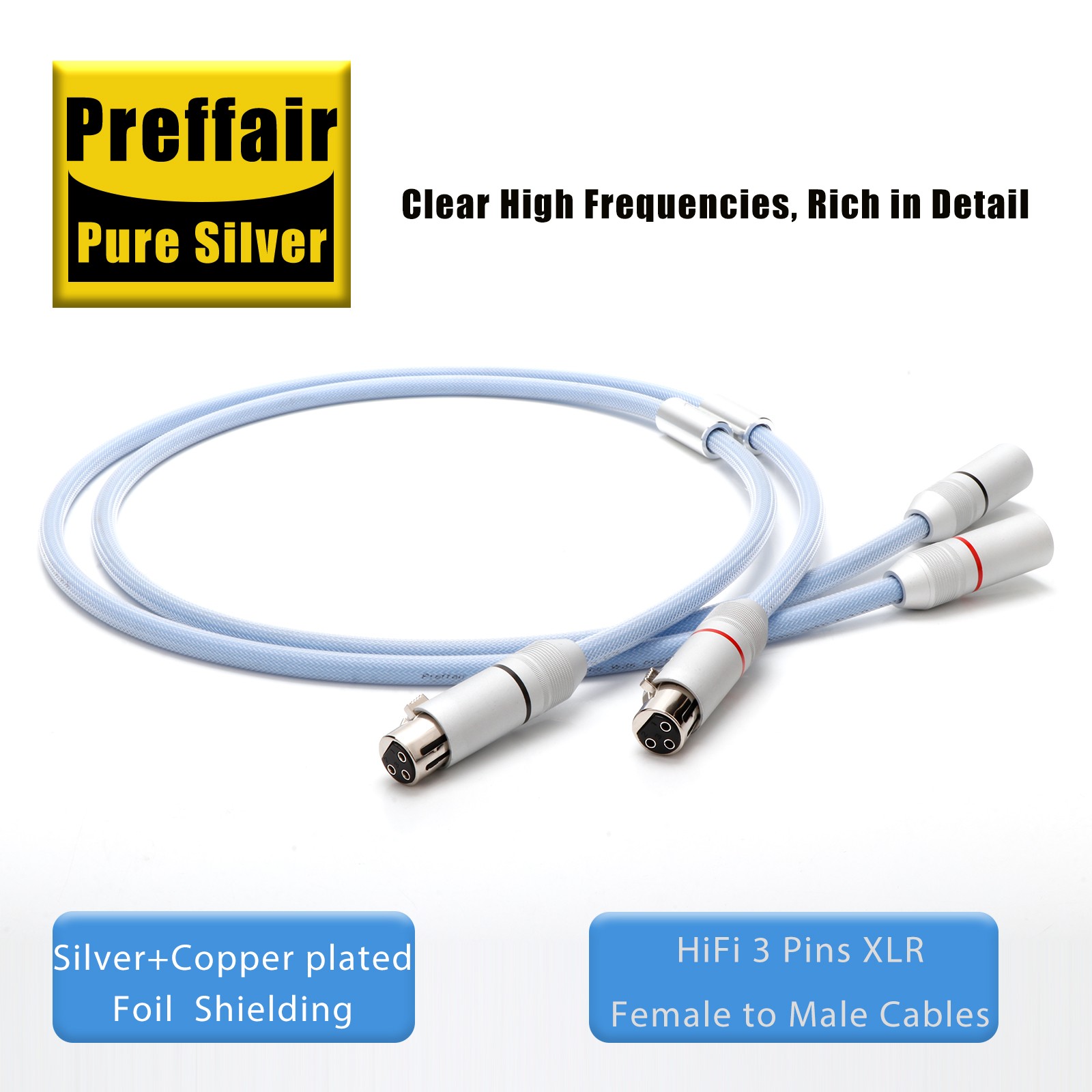 Pair 5N Solid Pure Silver Wire XLR Balanced Plug Audio Signal Interconnect Cable