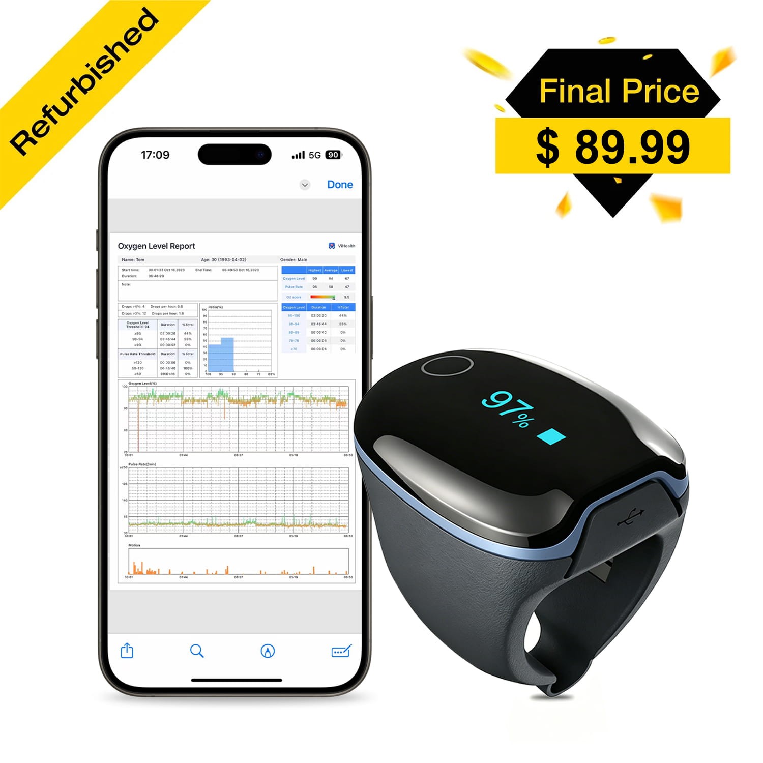 Wellue O2Ring Continuous Pulse Oximeter With Vibration Alarm free App+PC Report