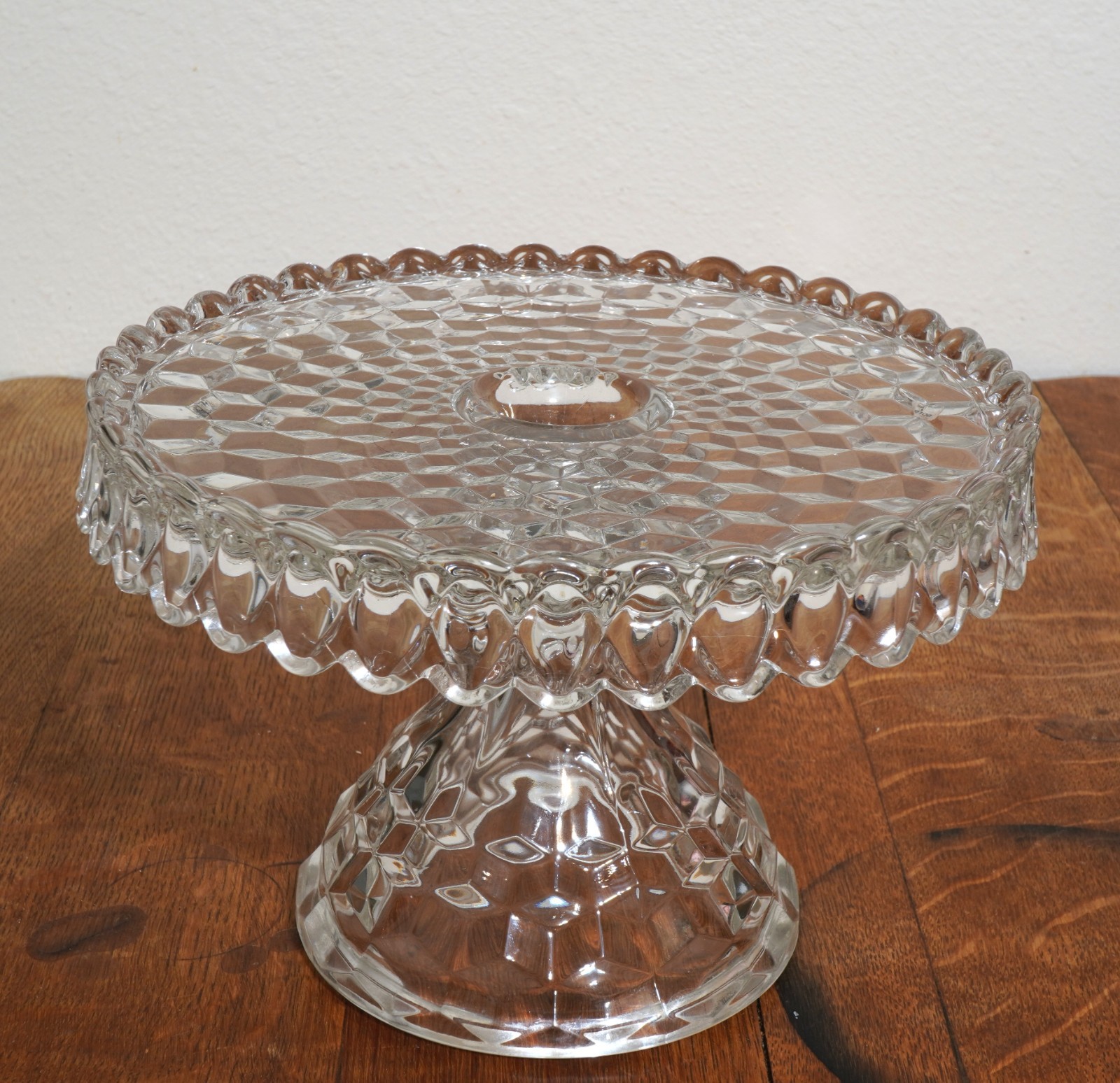 Vintage Fostoria American #2056 Cubist Glass Pedestal Cake Stand 10”