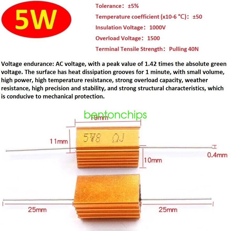 High Power Golden Aluminum shell Wirewound Metal Resistors 5W - 500W 0.1Ω - 15KΩ