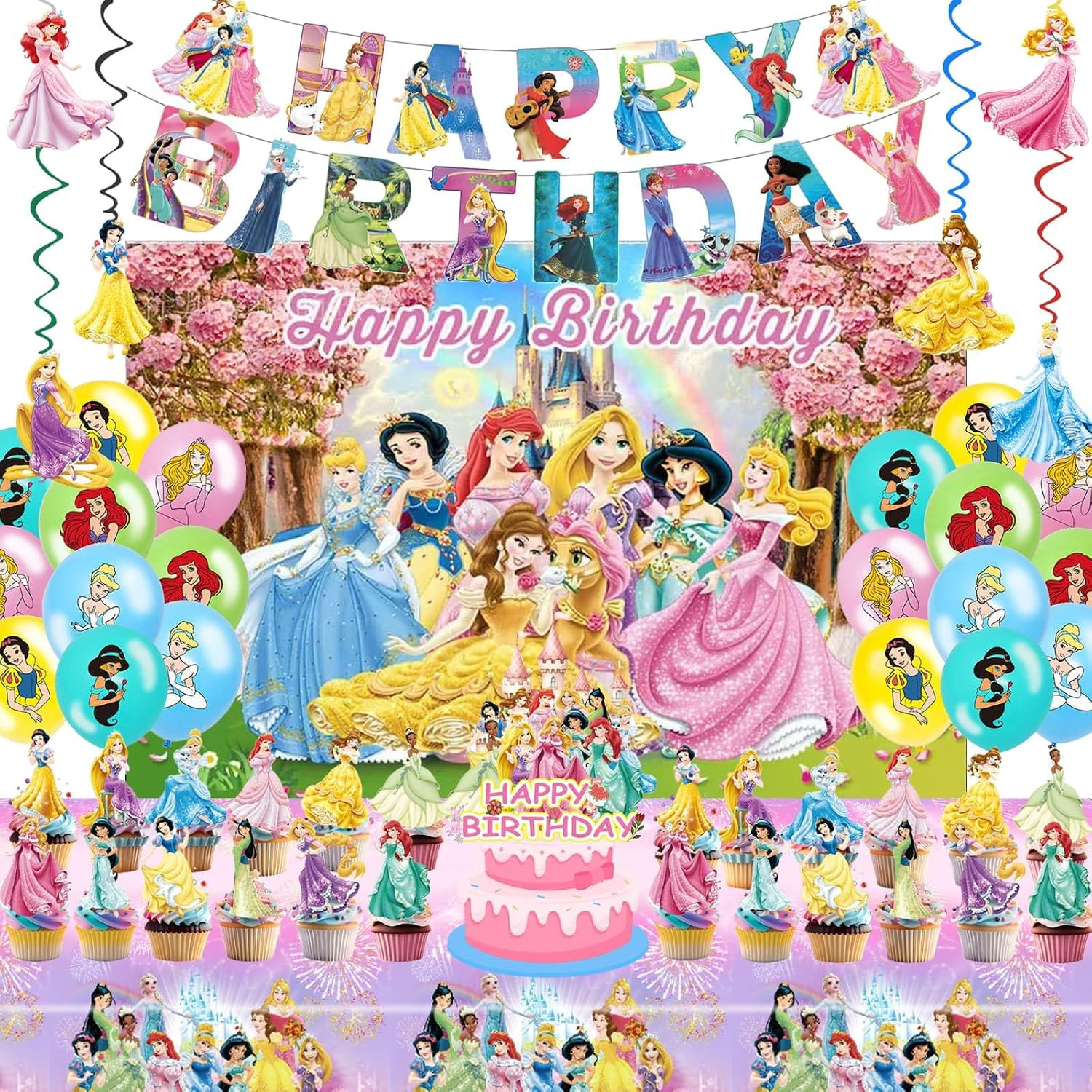 49PCS Princess Party Supplies, Birthday Decorations Set Include Banner, Balloons