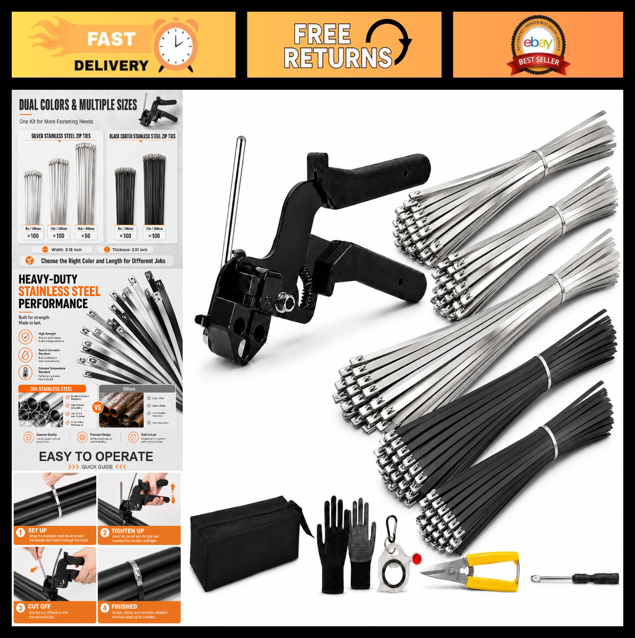 450Pcs Heavy Duty Metal Zip Ties Kit, Stainless Steel Cable Ties & Cutting Tool