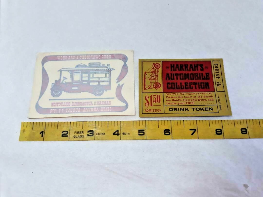 Vtg 1970 HARRAH\'S AUTO COLLECTION RENO SWAP MEET CAR SHOW DECAL & Drink Ticket Vtg 1970 HARRAH\'S AUTO COLLECTION RENO SWAP MEET CAR SHOW DECAL & Drink Ticket