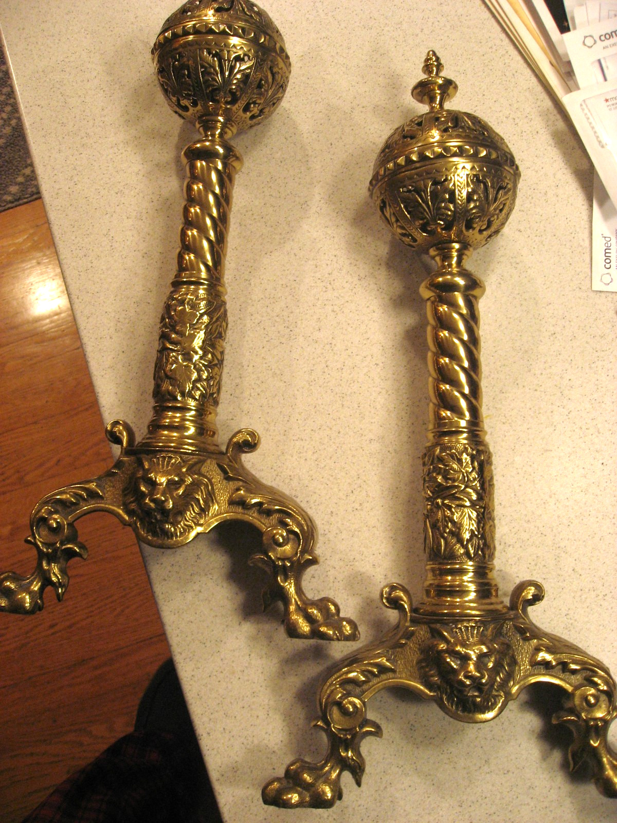 Antique Pair of Victorian Brass Andirons Lion Head & Feet 21.5\