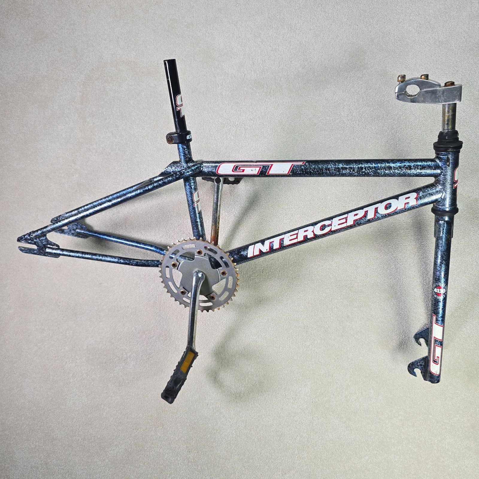 Vintage 90s GT Interceptor BMX Frame Fork Stem Sugino Chainring Crackle Blue 20