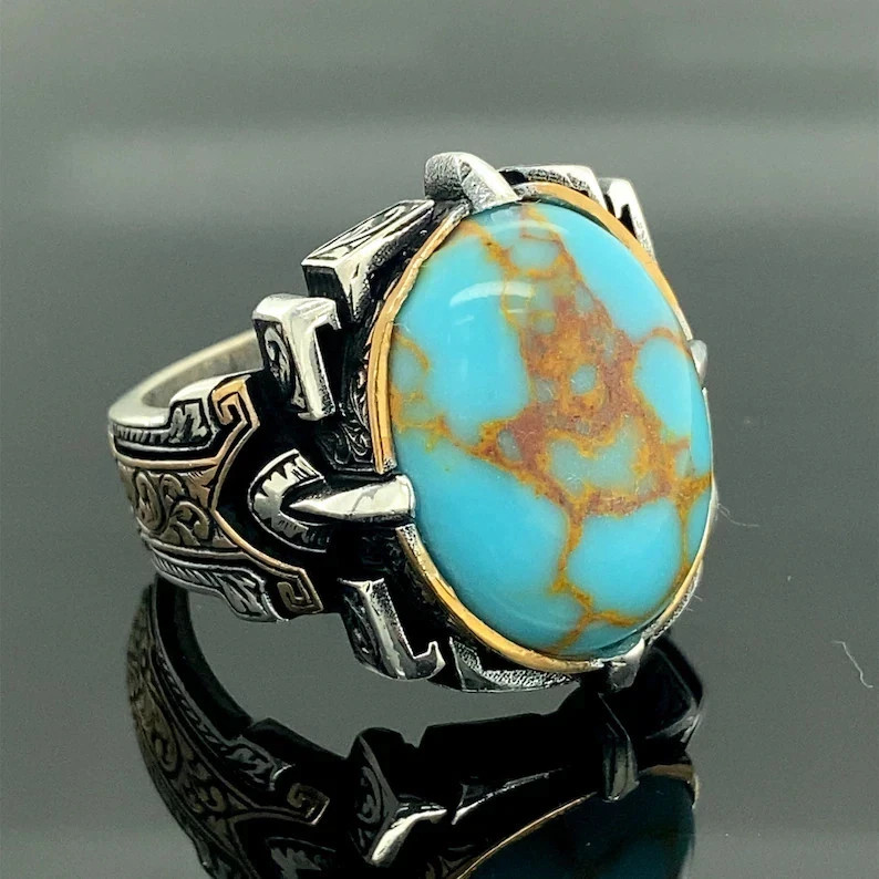 Turkish Ottoman Men Turquoise Oval Gemstone Ring 925 Sterling Silver Handmade