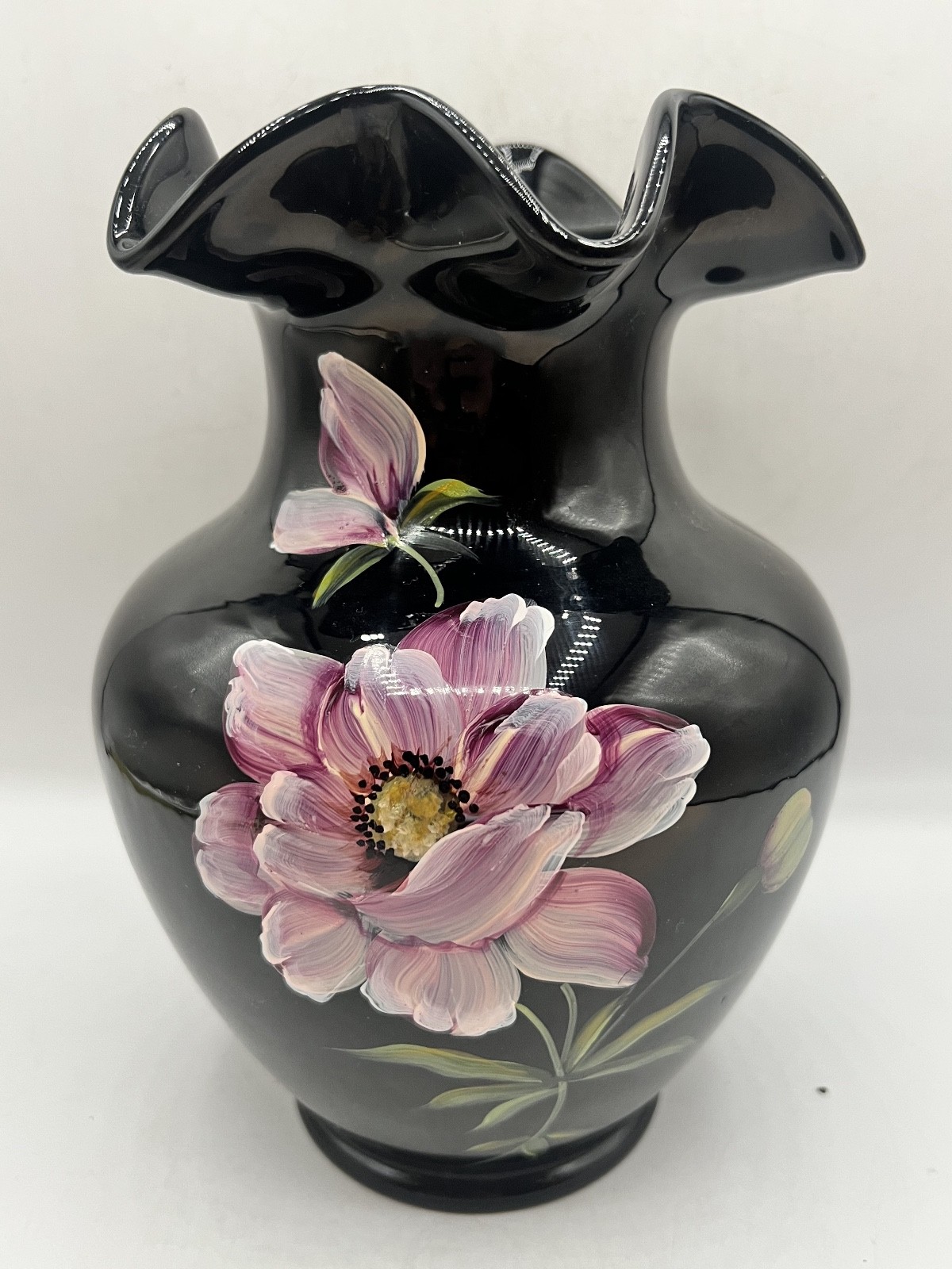 Vtg Fenton Ebony glass vase with hand-painted pink flowers Vtg Fenton Ebony glass vase with hand-painted pink flowers